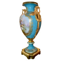 Antique  19thC French Signed "Bleu Celeste" and Gold Sevres Vase with gilt bronze mounts