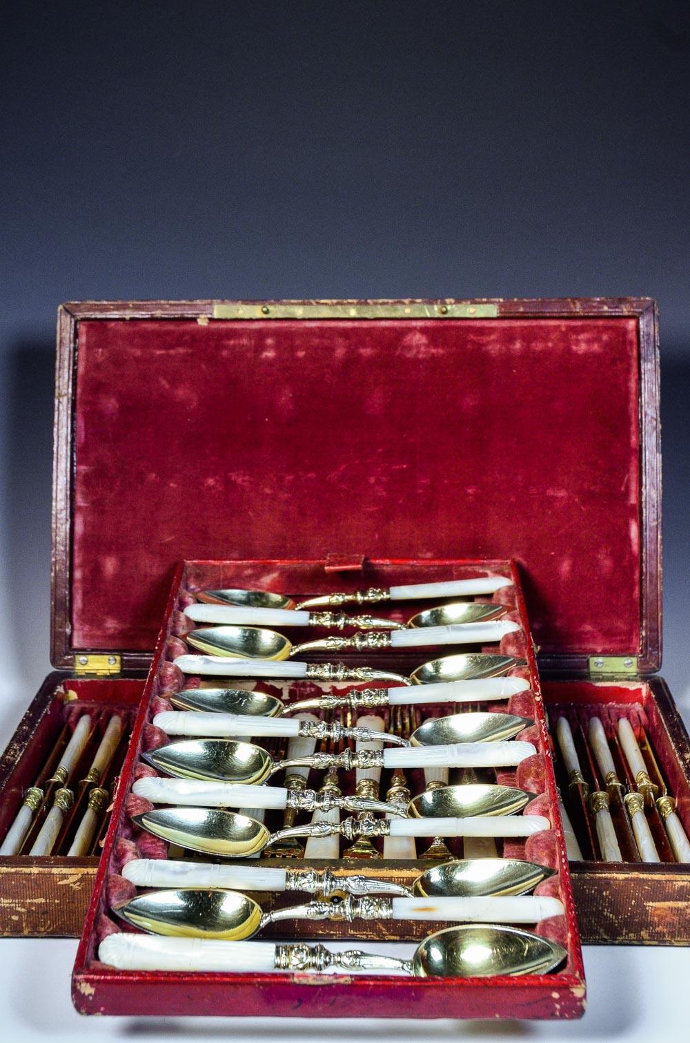 French Silver Vermeil and Mother of Pearl Dessert Set for 12 - 36 Pcs in Box 5