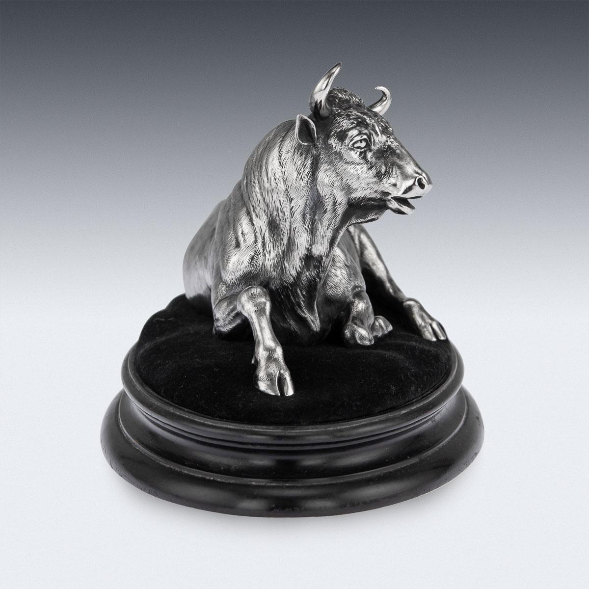19th Century 19thC French Solid Silver Bull On Stand, Christofle, Paris c.1860