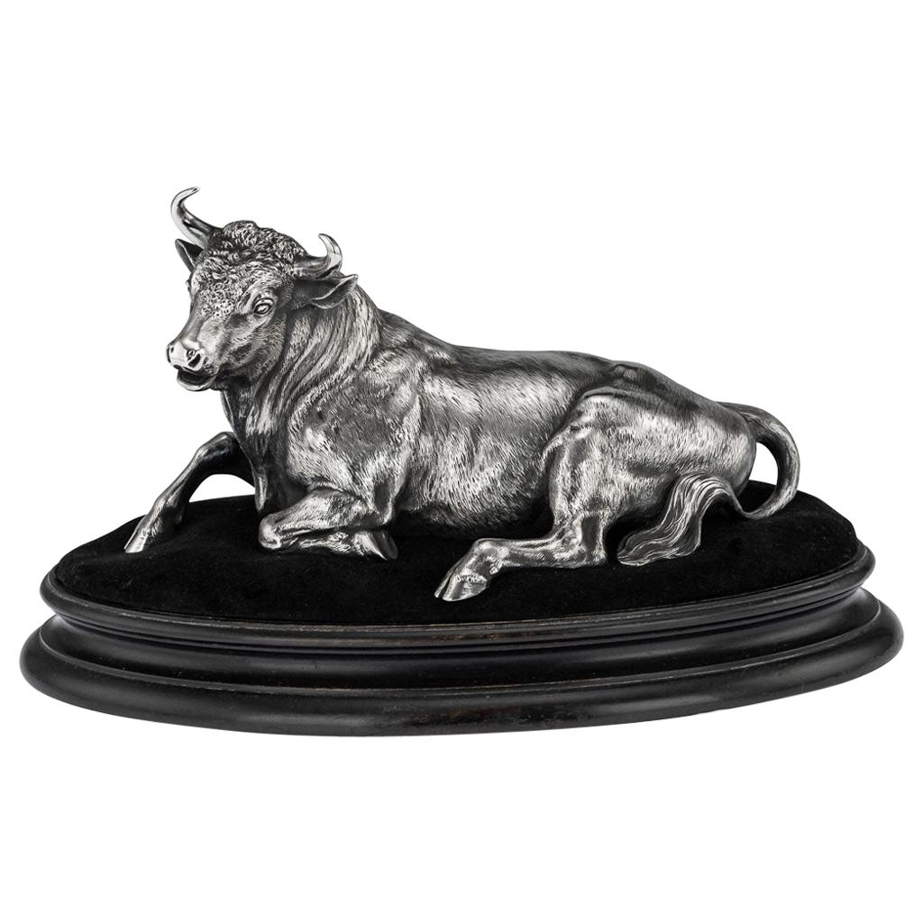 19thC French Solid Silver Bull On Stand, Christofle, Paris c.1860