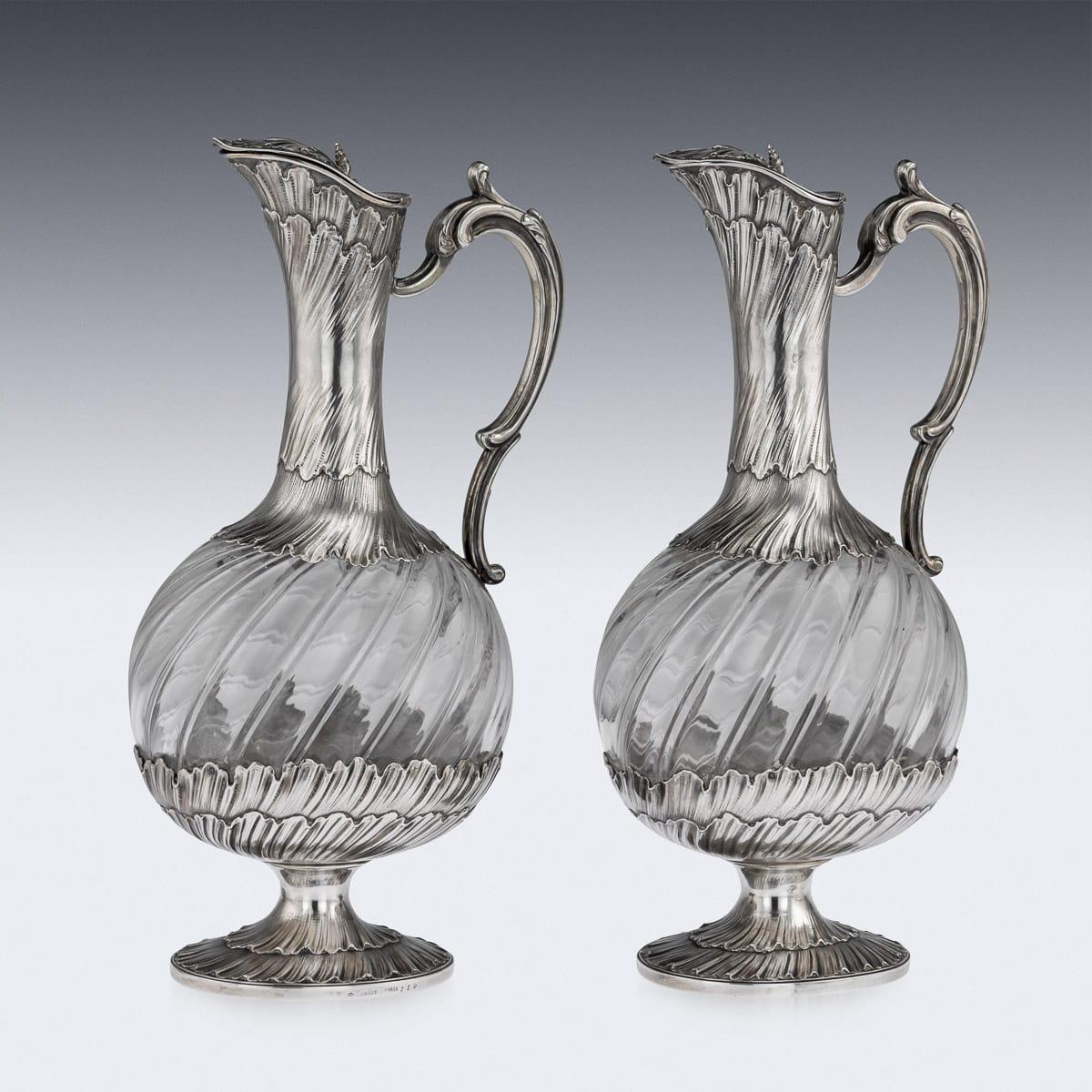 19th Century French Solid Silver and Glass Pair of Claret Jugs, Odiot circa 1890 In Good Condition For Sale In Royal Tunbridge Wells, Kent