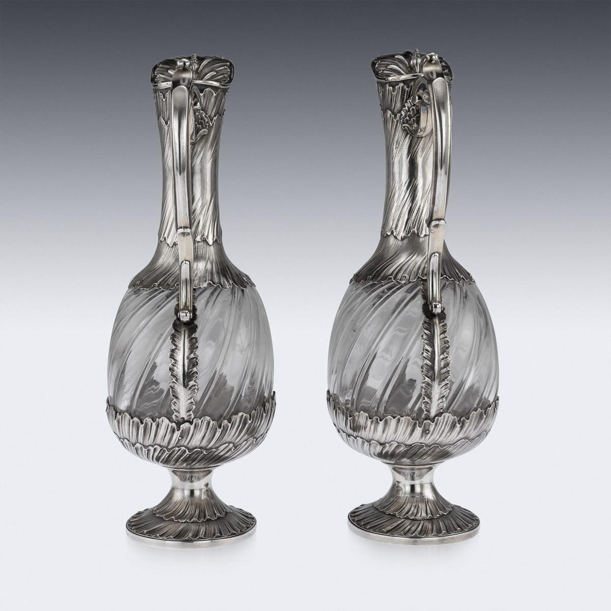 19th Century French Solid Silver and Glass Pair of Claret Jugs, Odiot circa 1890 1