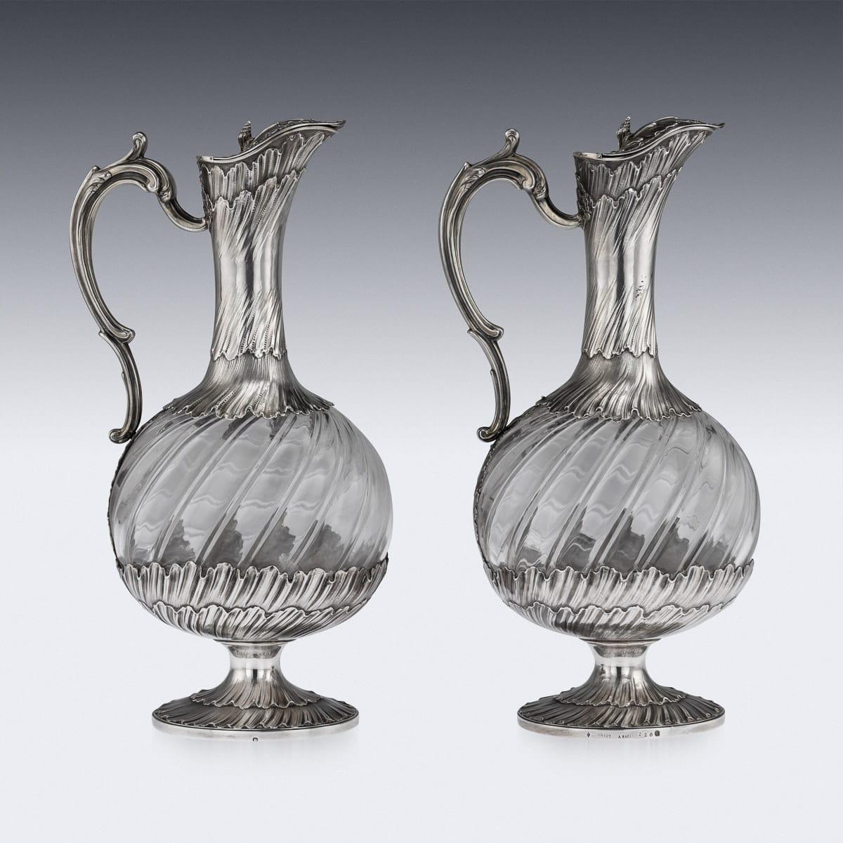 19th Century French Solid Silver and Glass Pair of Claret Jugs, Odiot circa 1890 For Sale 2