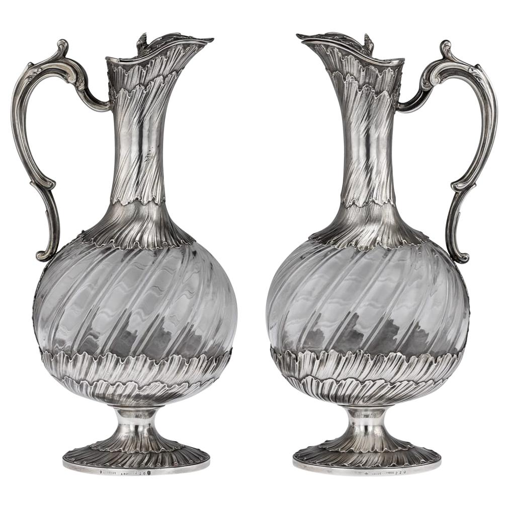 19th Century French Solid Silver and Glass Pair of Claret Jugs, Odiot circa 1890