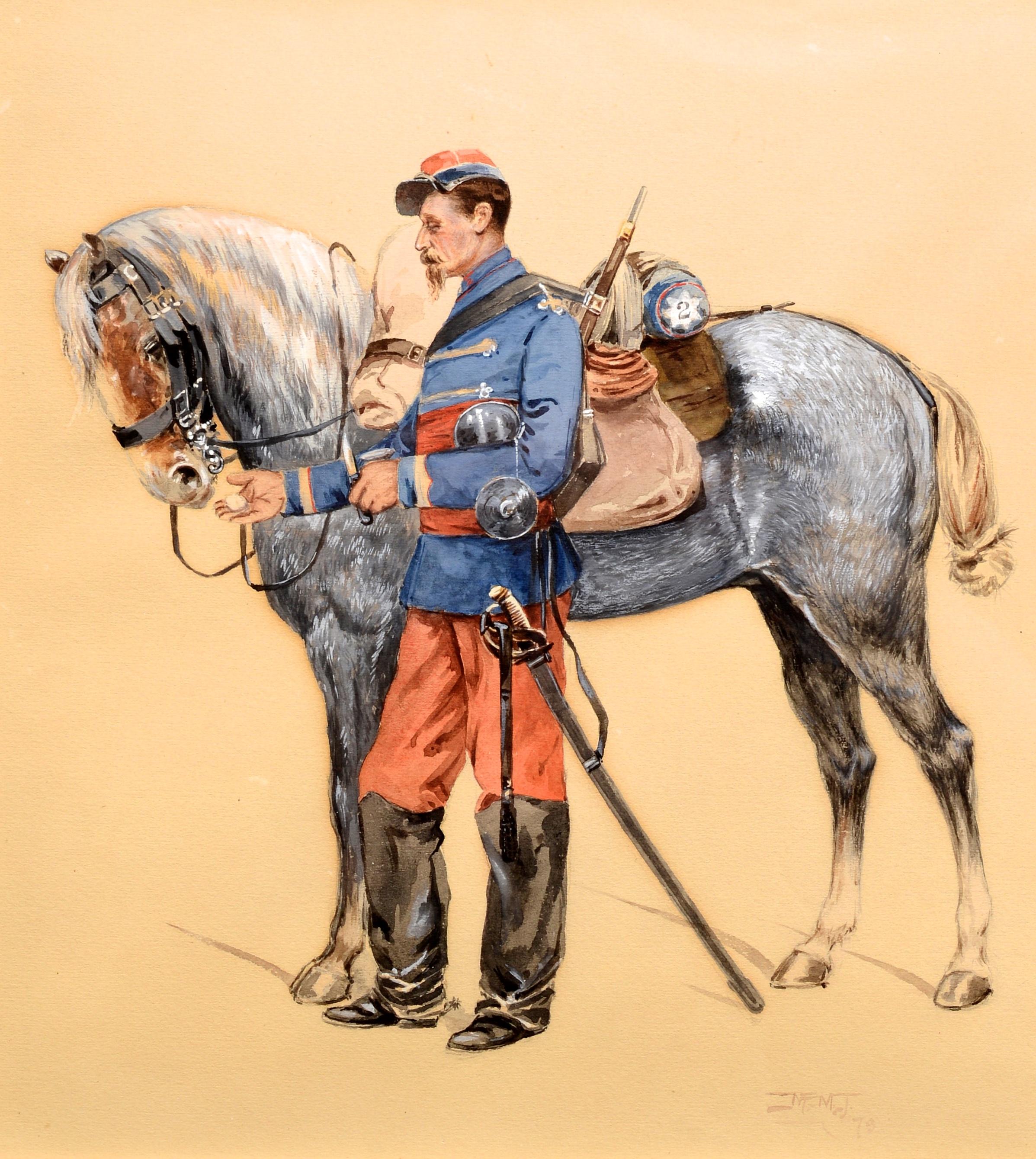 The watercolor on paper is monogramed and dated '79. It is framed, matted and glazed. The painting is depicting a Franco-Prussian officer feeding his horse after a watercolor by Jean-Baptiste-Edouard Detaille (French, 1848-1912). Matted and framed.