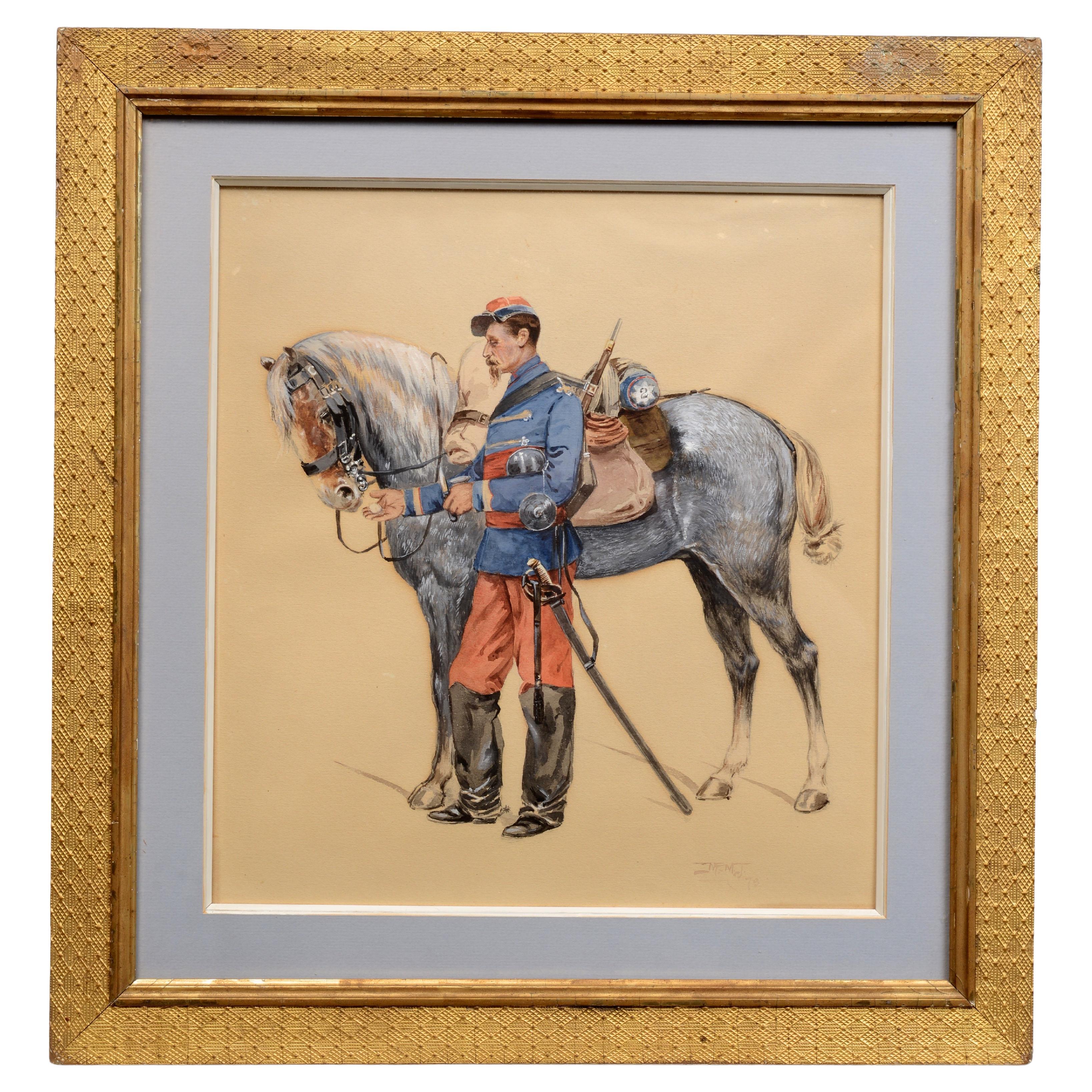 Aquarelle française du 19e siècle représentant un officier franco-prussienne nourrissant son cheval
