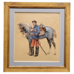 19thc French Watercolor of a Franco-Prussian Officer Feeding His Horse