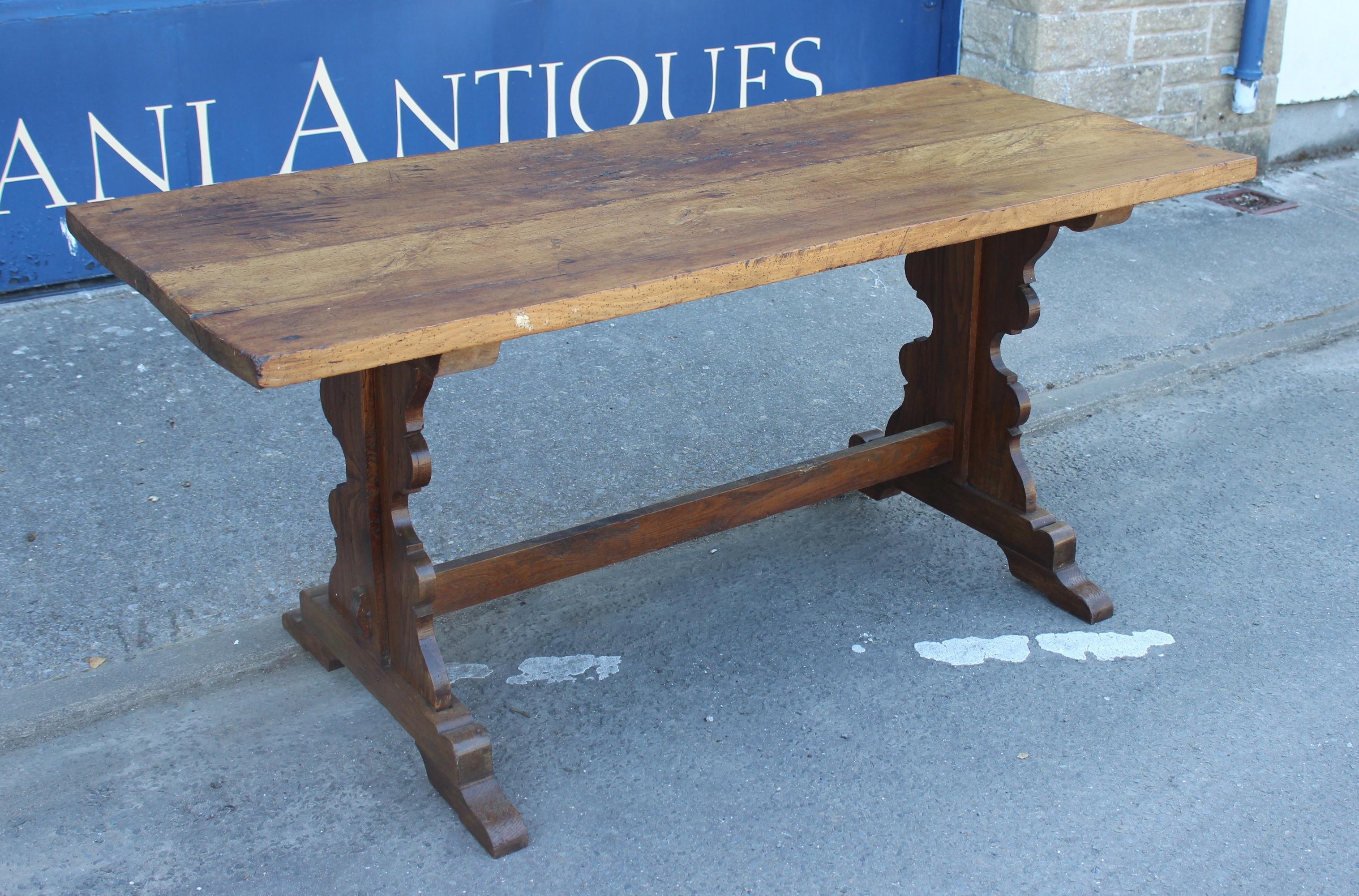 Country 19thc. Fruitwood & Oak Two Plank Refectory Table For Sale