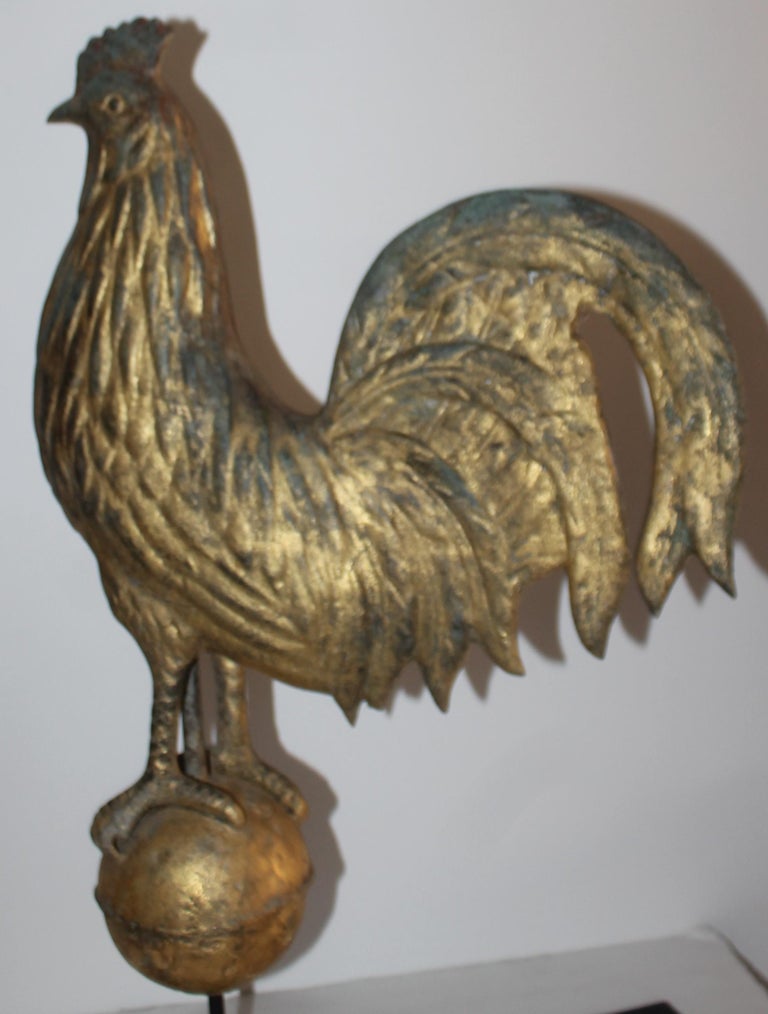 This fine game cock weather vane is in great condition and retains its original gilded surface. It is gilded over copper and comes with a custom made iron stand. This form is so fantastic and great condition with minor wear on the edges of the cock.