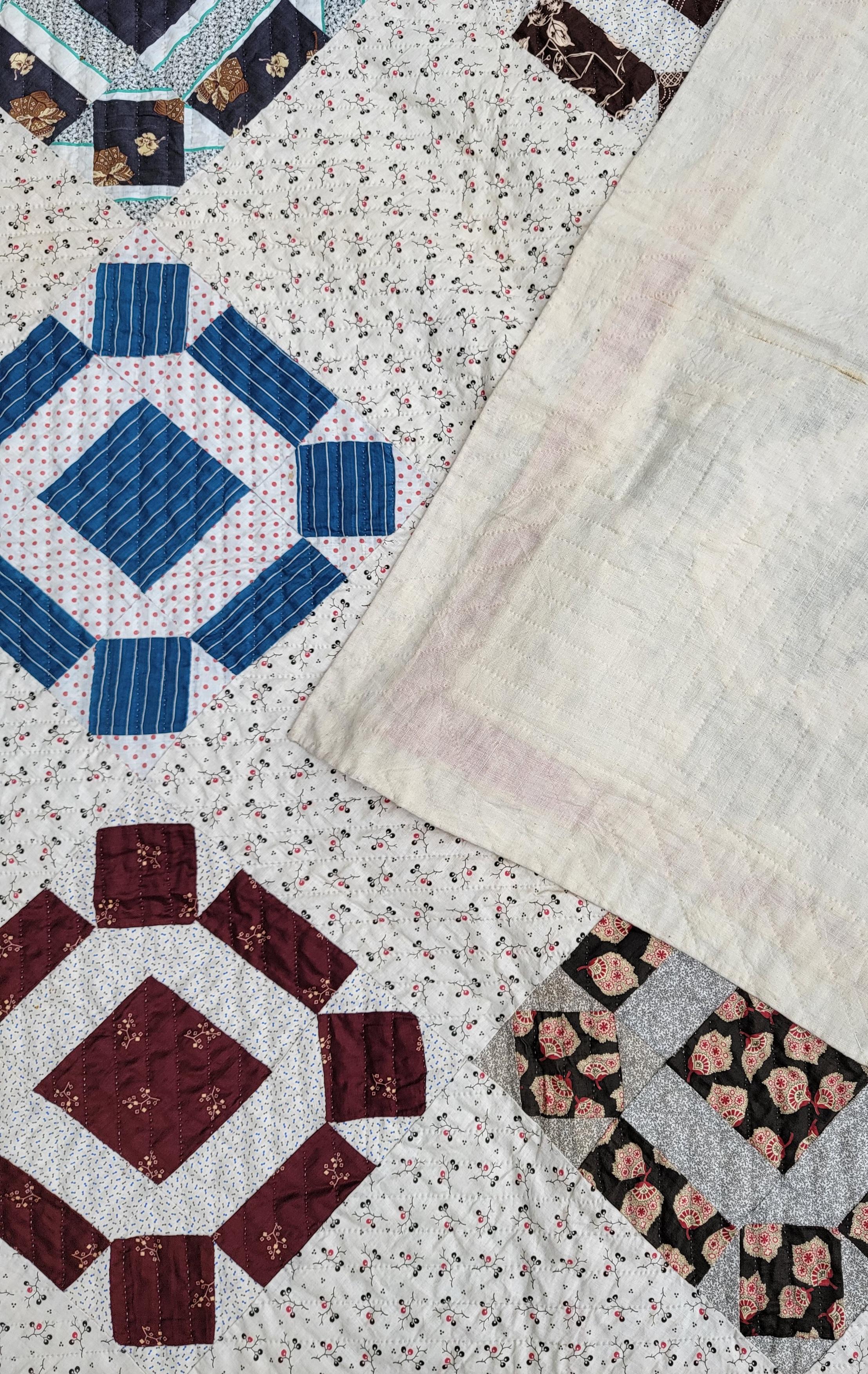 Hand-Crafted 19Thc Geometric Blocks & Fantastic Early Fabrics Quilt For Sale