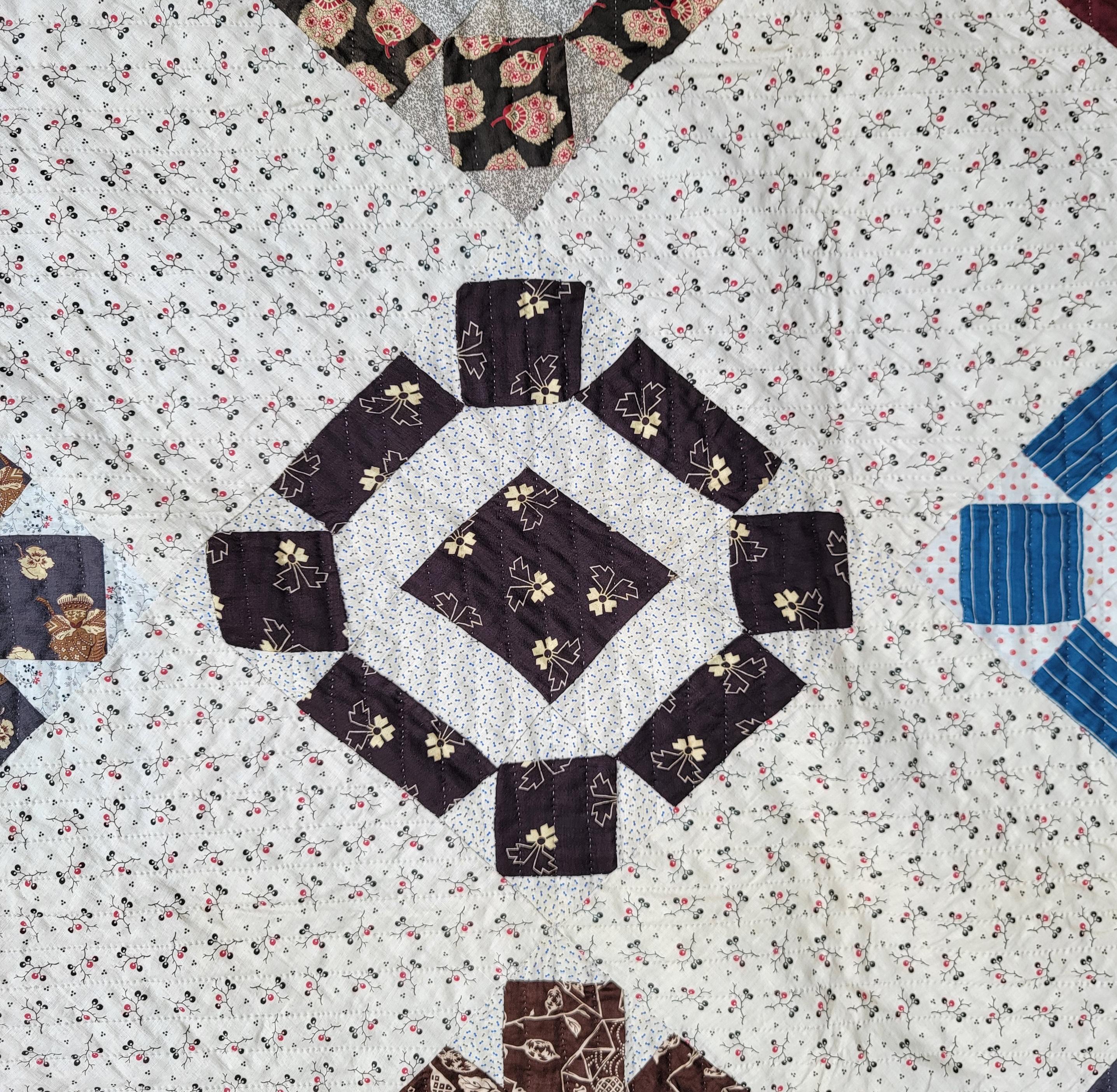 Cotton 19Thc Geometric Blocks & Fantastic Early Fabrics Quilt For Sale