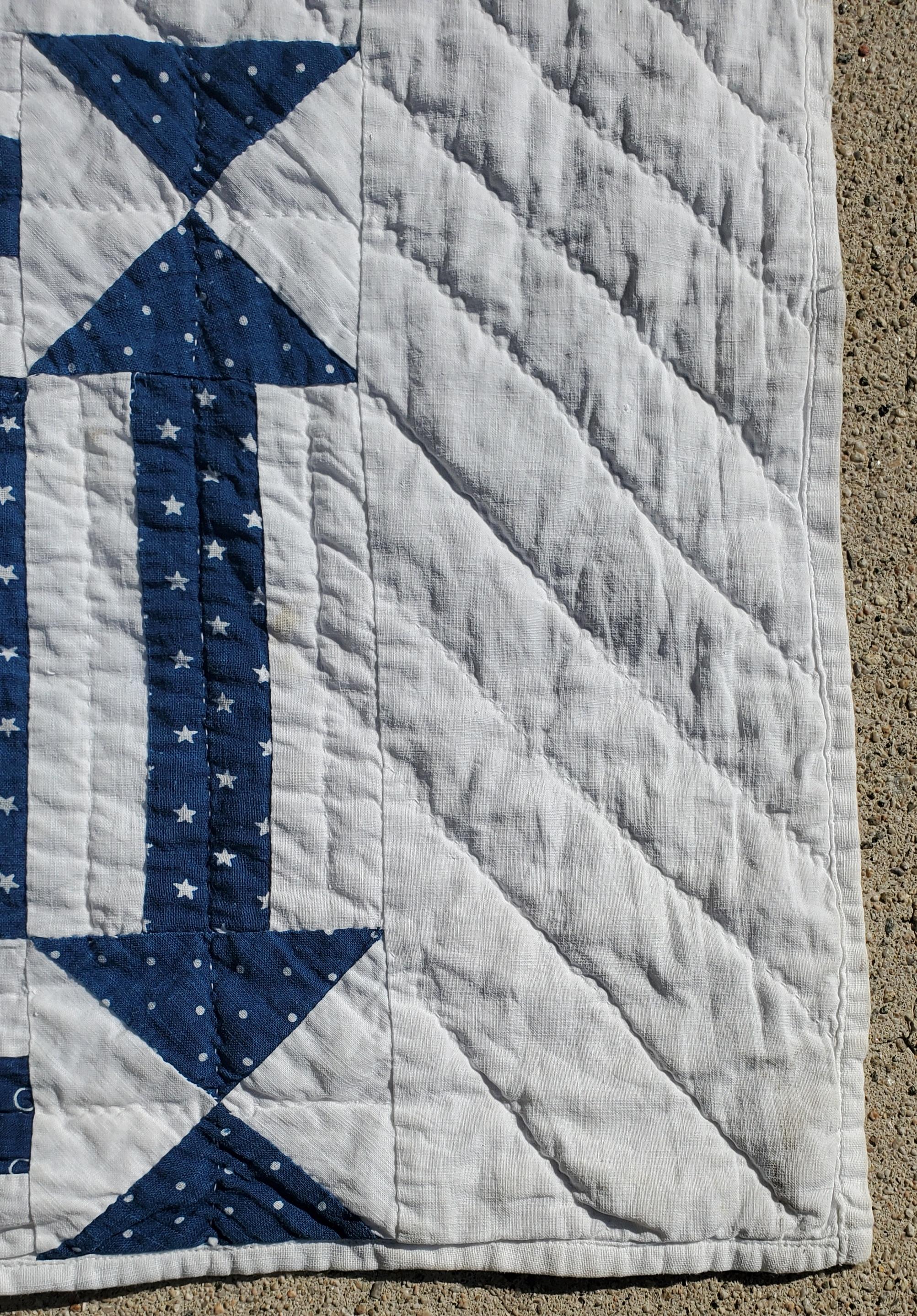 Hand-Crafted 19thc Geometric Blue & White W/ Arrows & One Patch Quilt For Sale