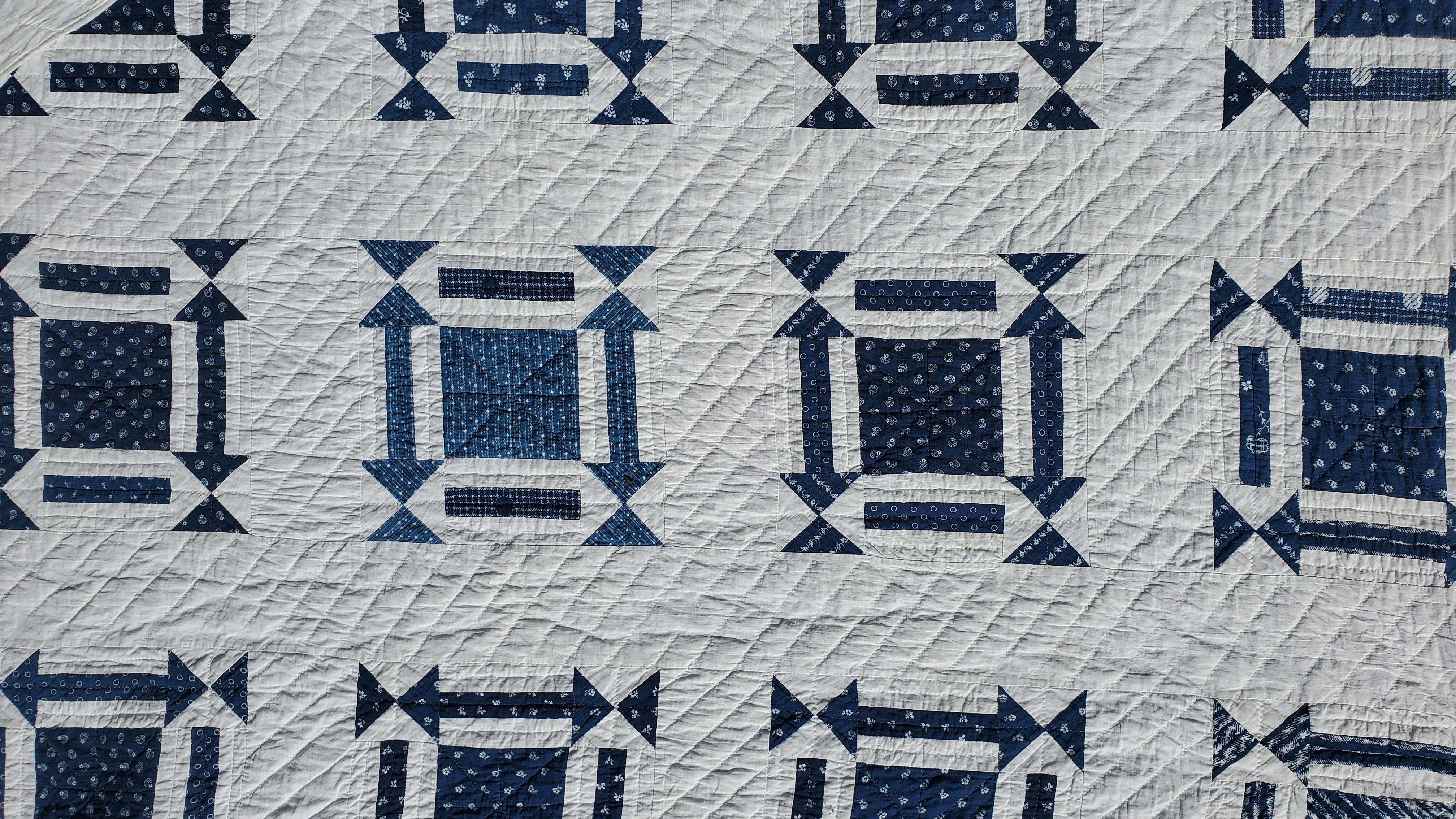 Cotton 19thc Geometric Blue & White W/ Arrows & One Patch Quilt For Sale