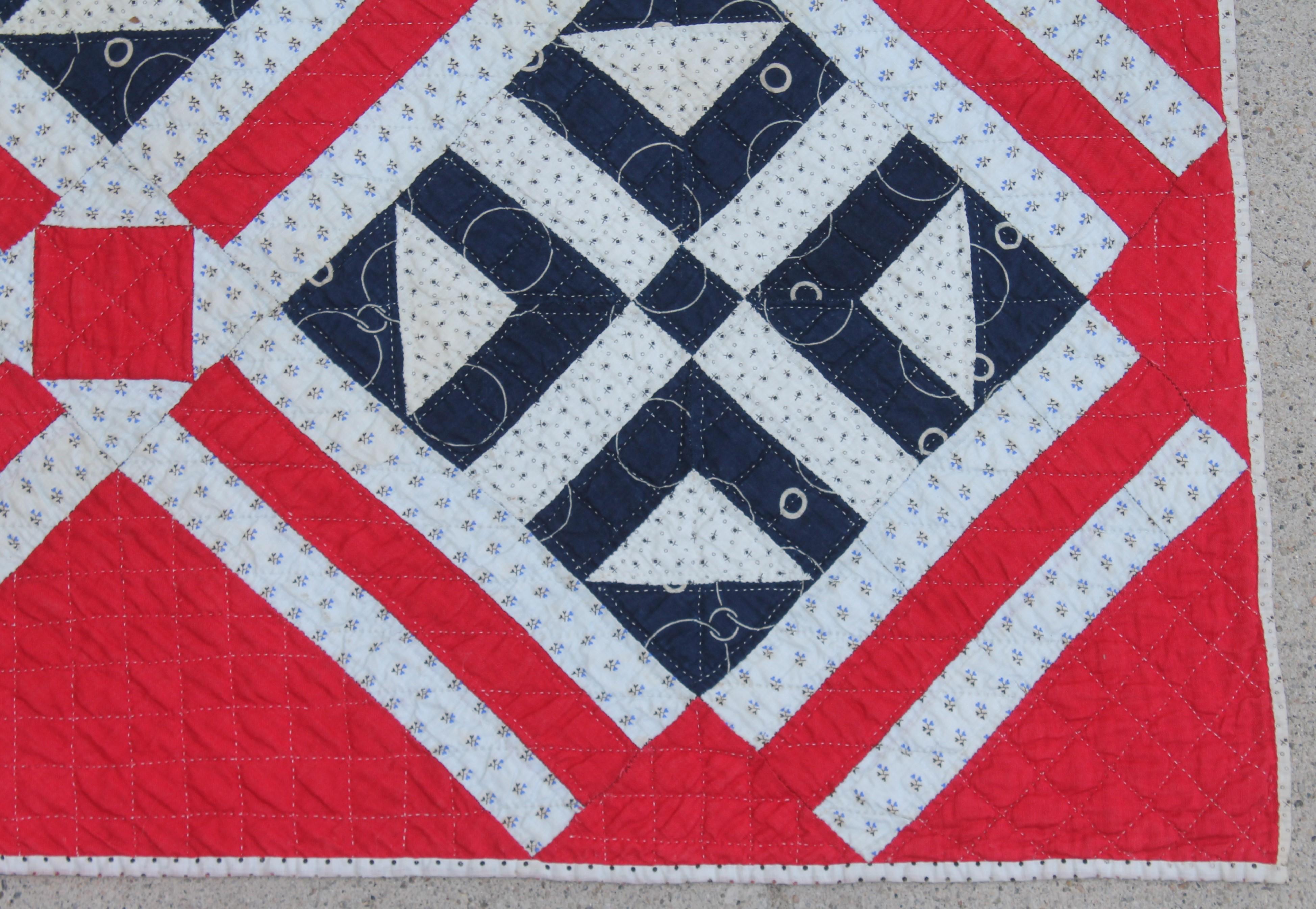 Country 19thc Geometric Patriotic Quilt in Railroad Crossings