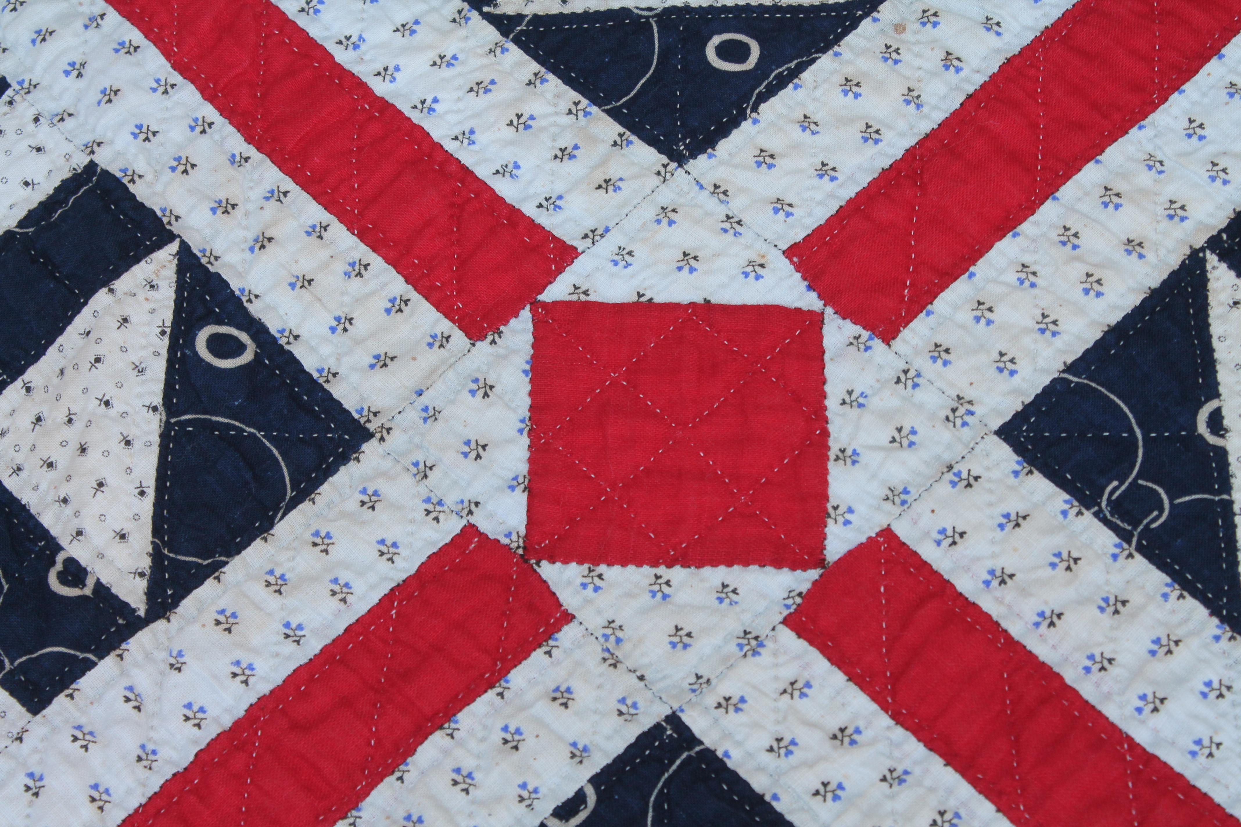 Hand-Crafted 19thc Geometric Patriotic Quilt in Railroad Crossings