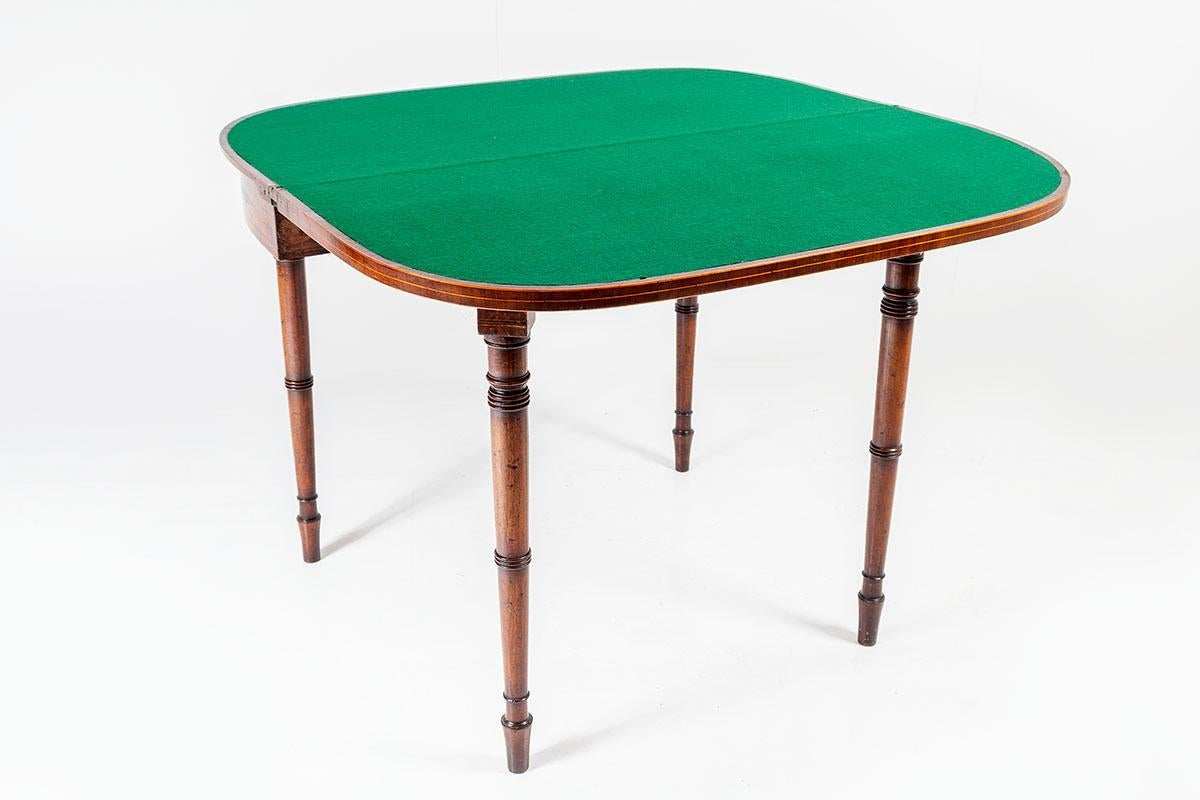 British 19thC George III Mahogany Fiddle Back Folding Card Table with Green Baize Top
