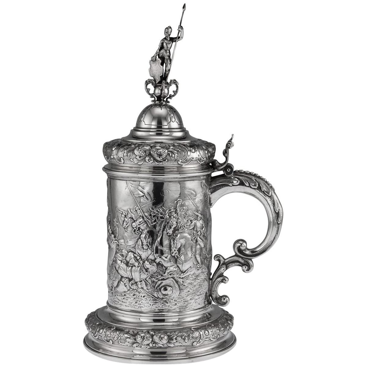 German Hanau Solid Silver Massive Embossed Figural Tankard, circa 1870