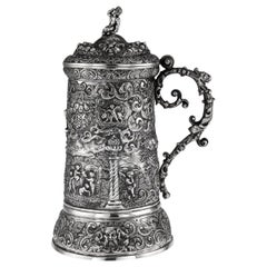 Antique 19th Century German Solid Silver Embossed Figural Tankard, Hanau, circa 1850