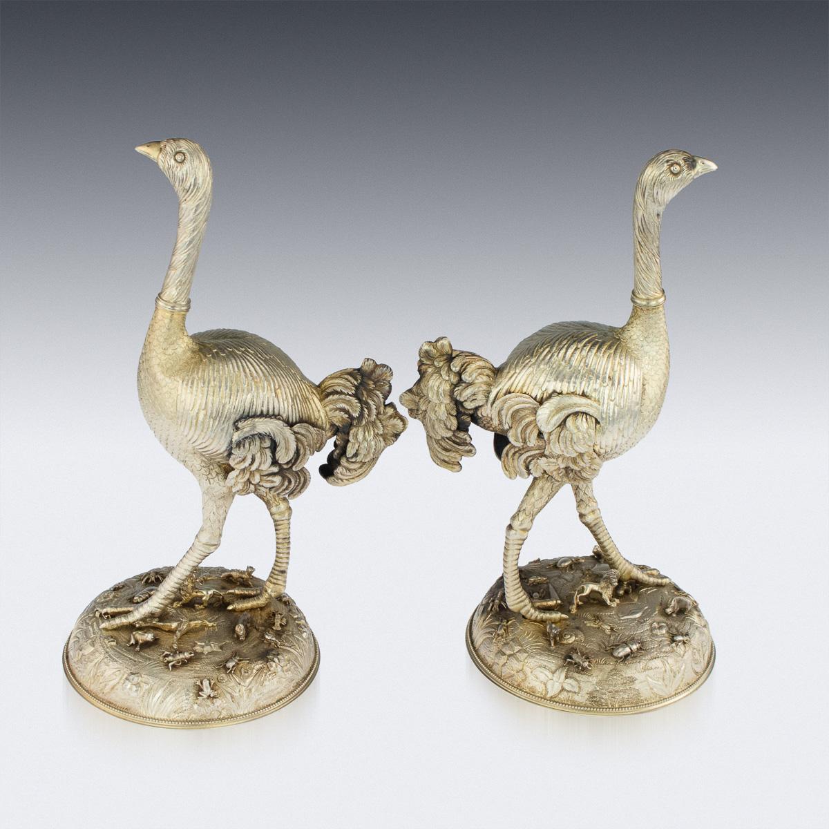 Antique mid-19th century German solid silver-gilt pair of figure modelled as ostriches. The figures with removable heads, are well-refined and are realistically engraved to the very last detail, the body applied with bushy wings and tail and