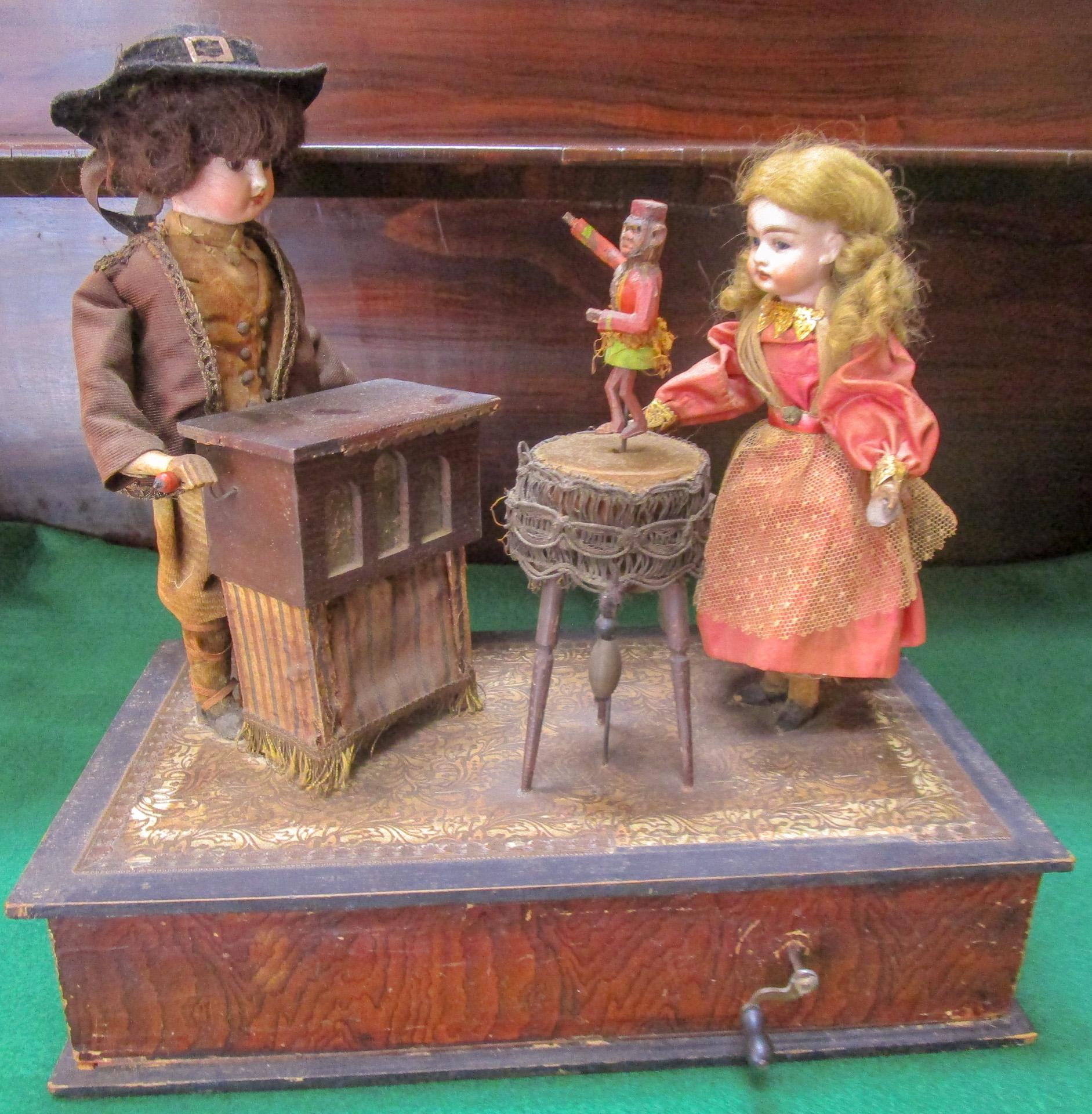 19thc German Zinner&Sohn Musical Automaton Toy w Children & Organ Grinder Monkey For Sale 6