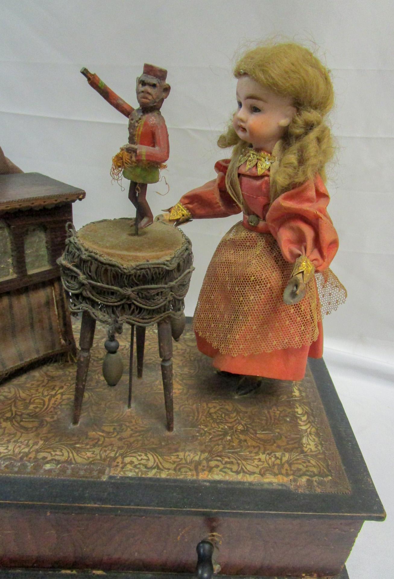 19thc German Zinner&Sohn Musical Automaton Toy w Children & Organ Grinder Monkey For Sale 13