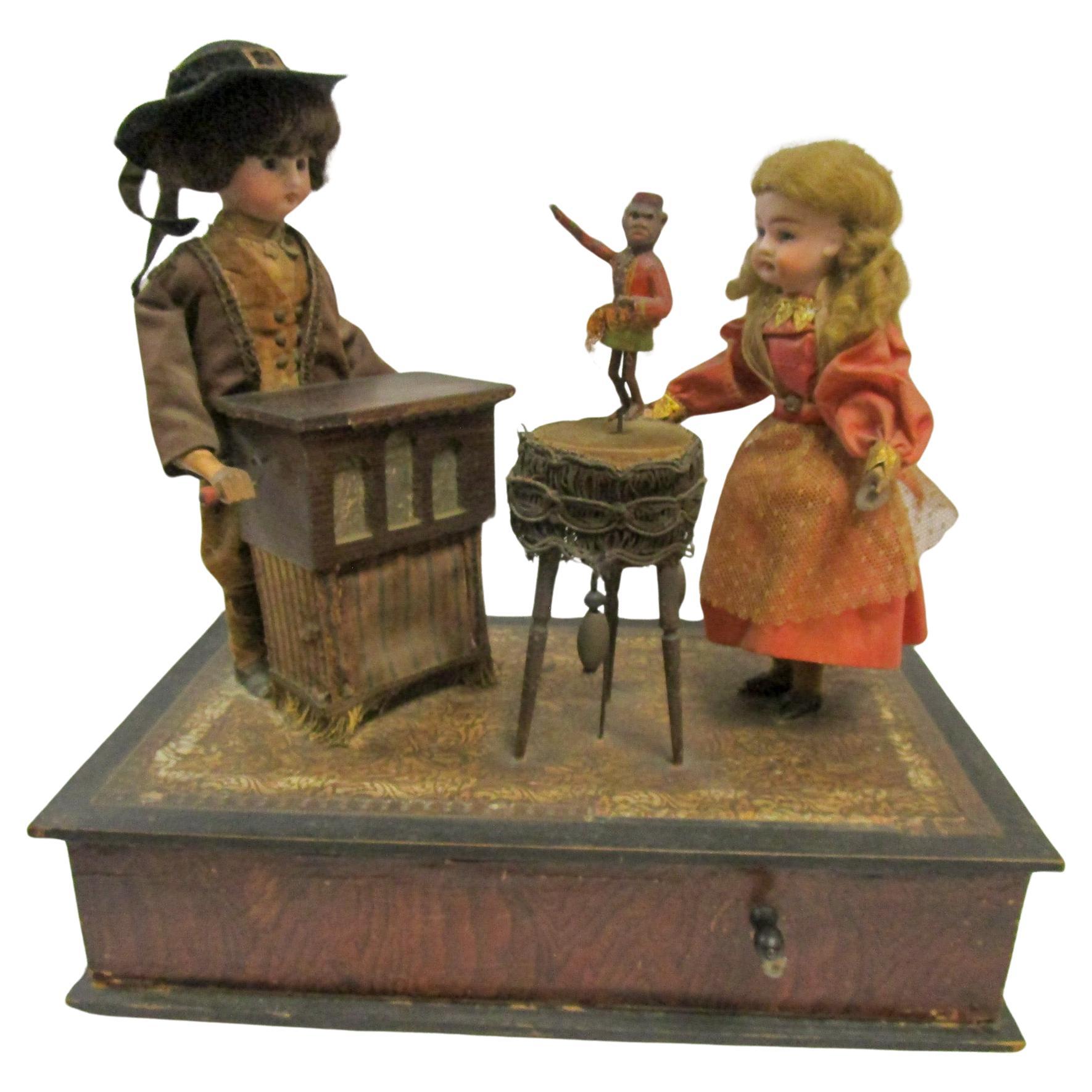 19thc German Zinner&Sohn Musical Automaton Toy w Children & Organ Grinder Monkey For Sale