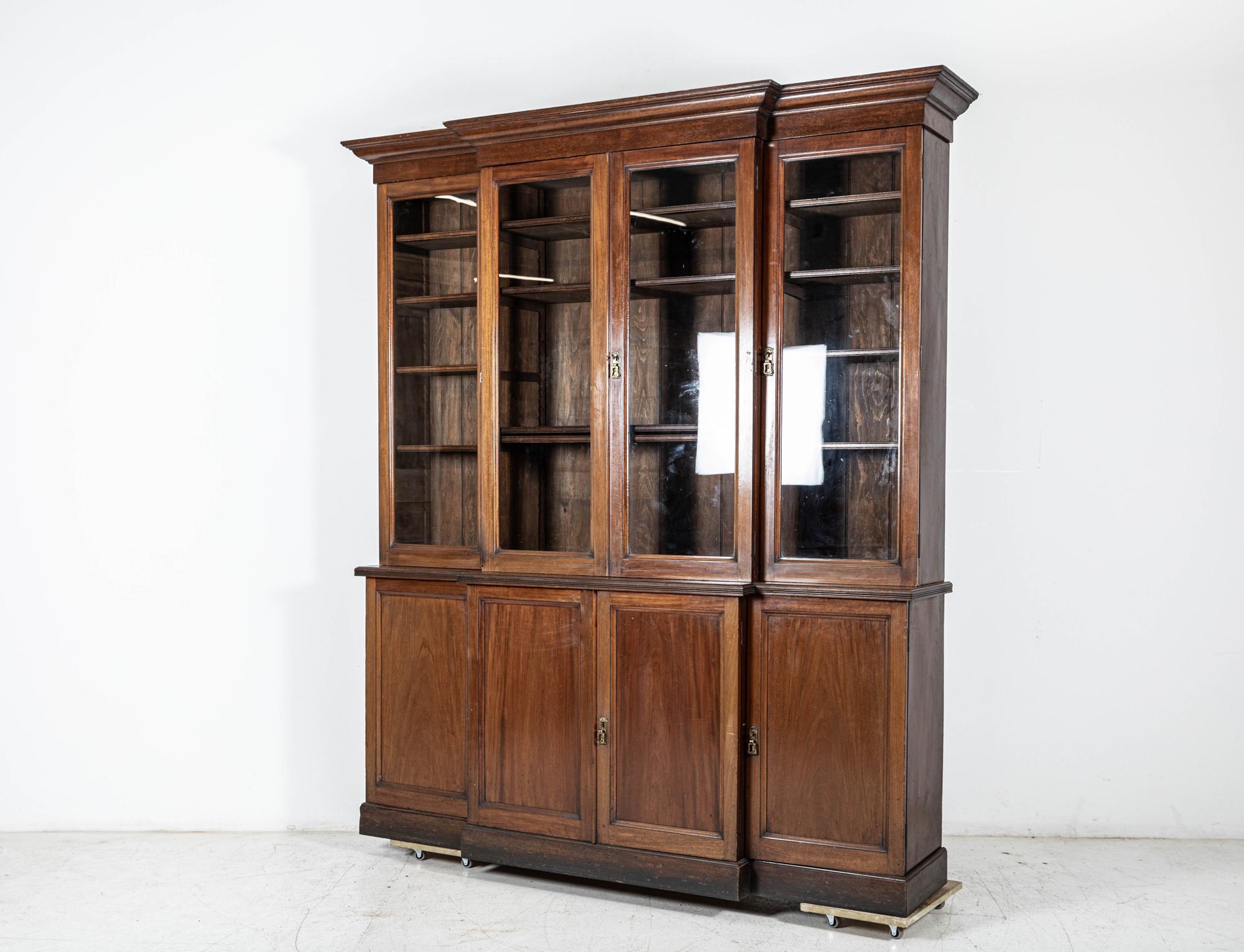 British 19thC Glazed Mahogany Breakfront Bookcase For Sale
