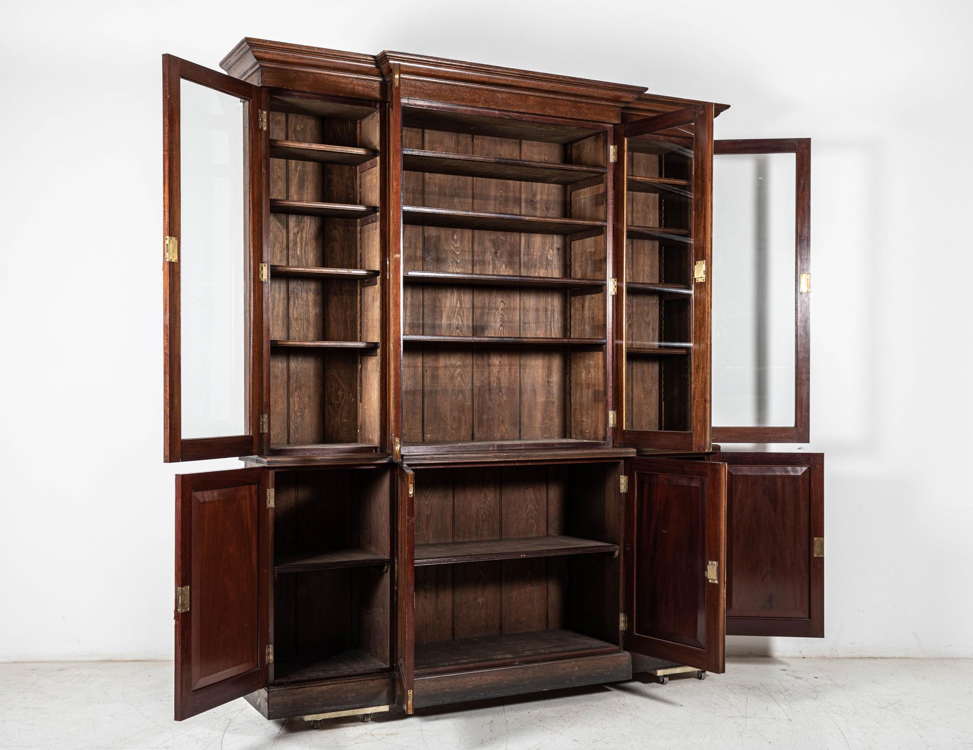 19thC Glazed Mahogany Breakfront Bookcase For Sale 1