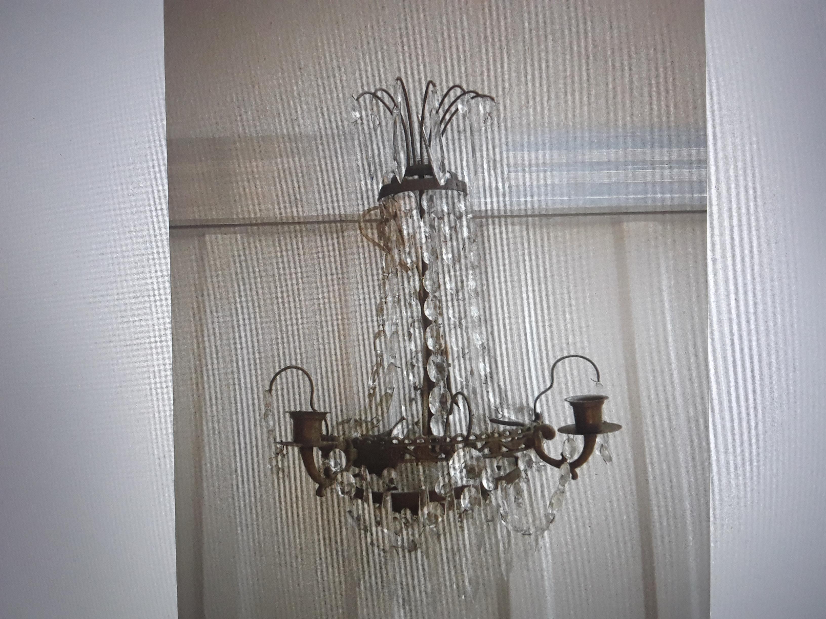 19thc Gustavian Bronze Cut Crystal Cascading Waterfall Form Wall Sconce. This sconce is in its original unelectrified state.