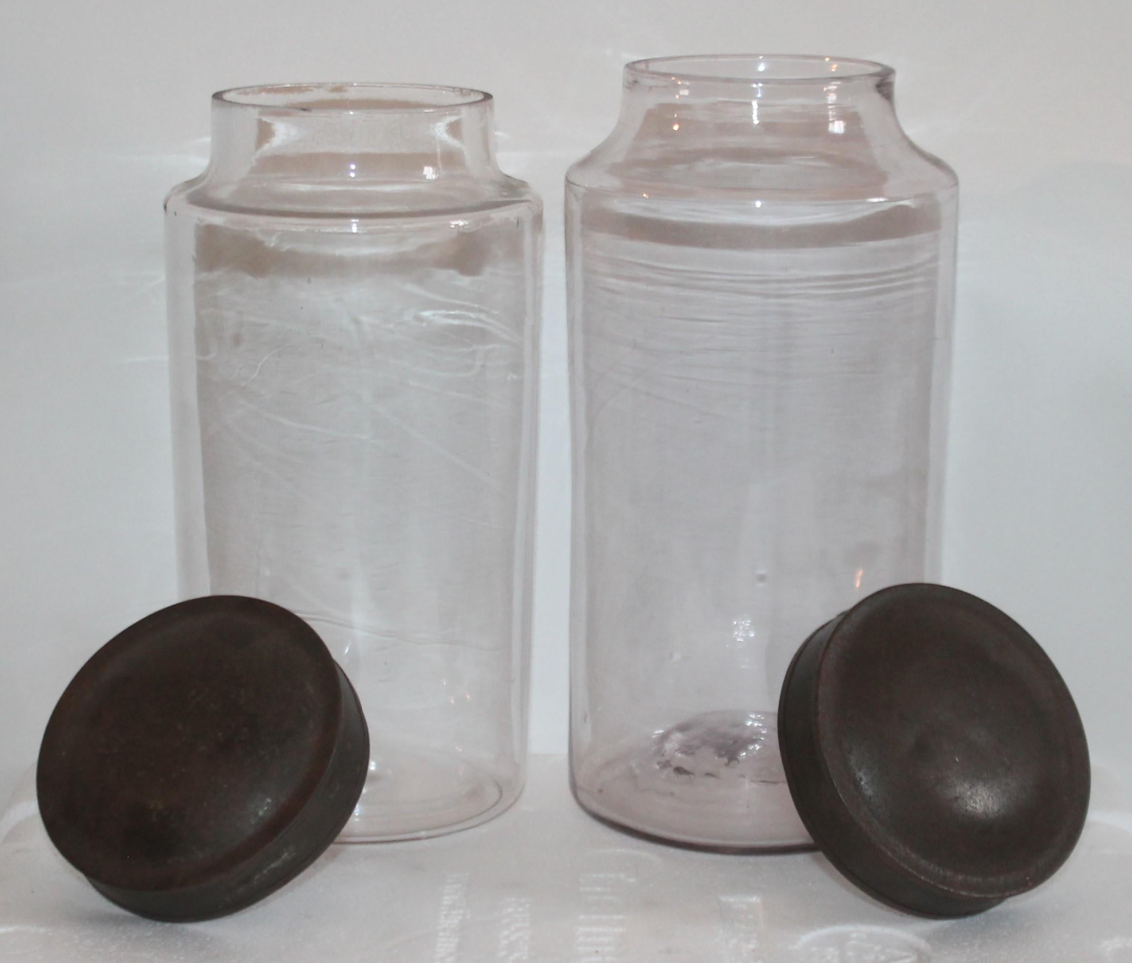 Hand-Crafted 19th Century Hand Blown Canister Jars with Tin Lids Jars, Collection of Three For Sale