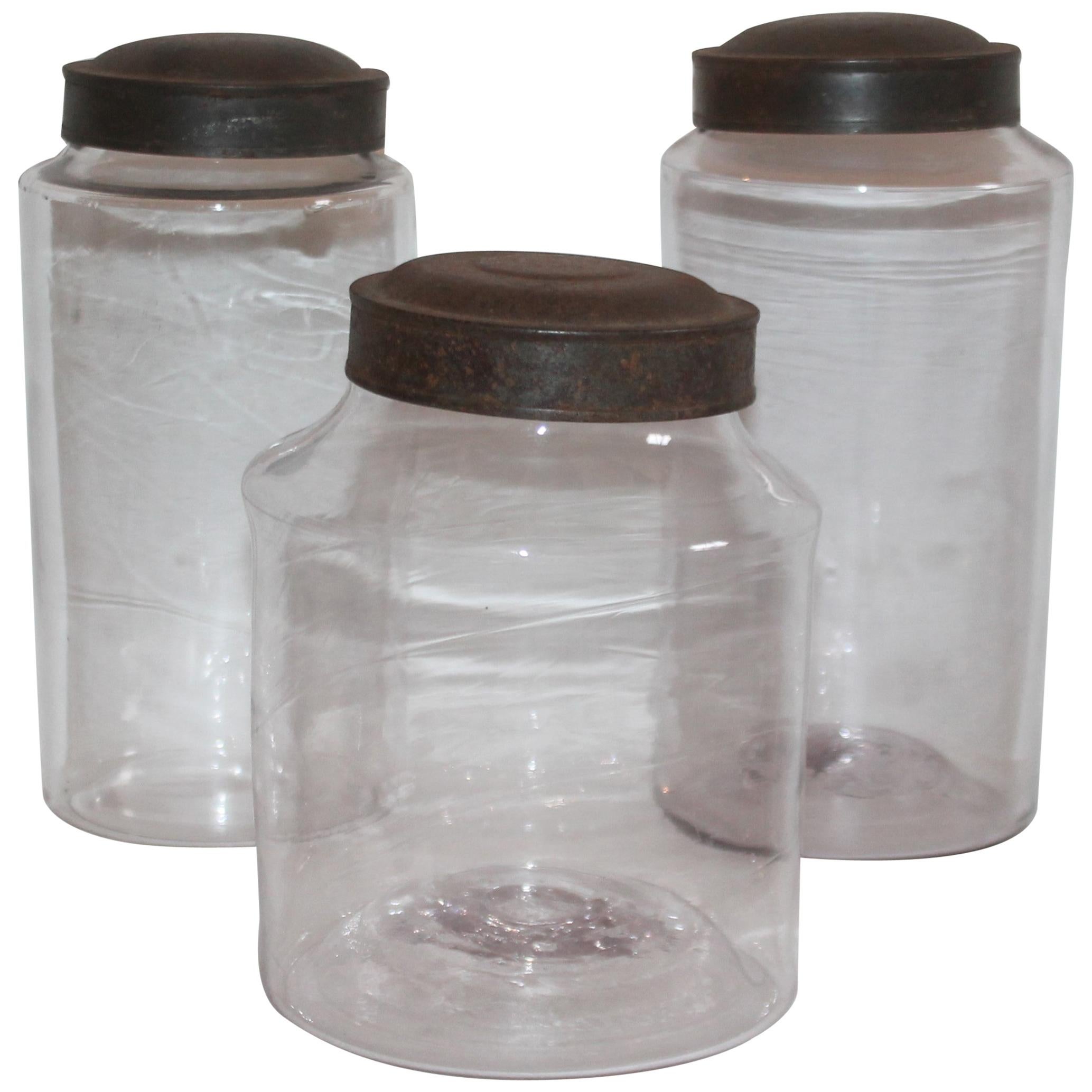 19th Century Hand Blown Canister Jars with Tin Lids Jars, Collection of Three For Sale
