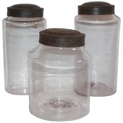 19th Century Hand Blown Canister Jars with Tin Lids Jars, Collection of Three