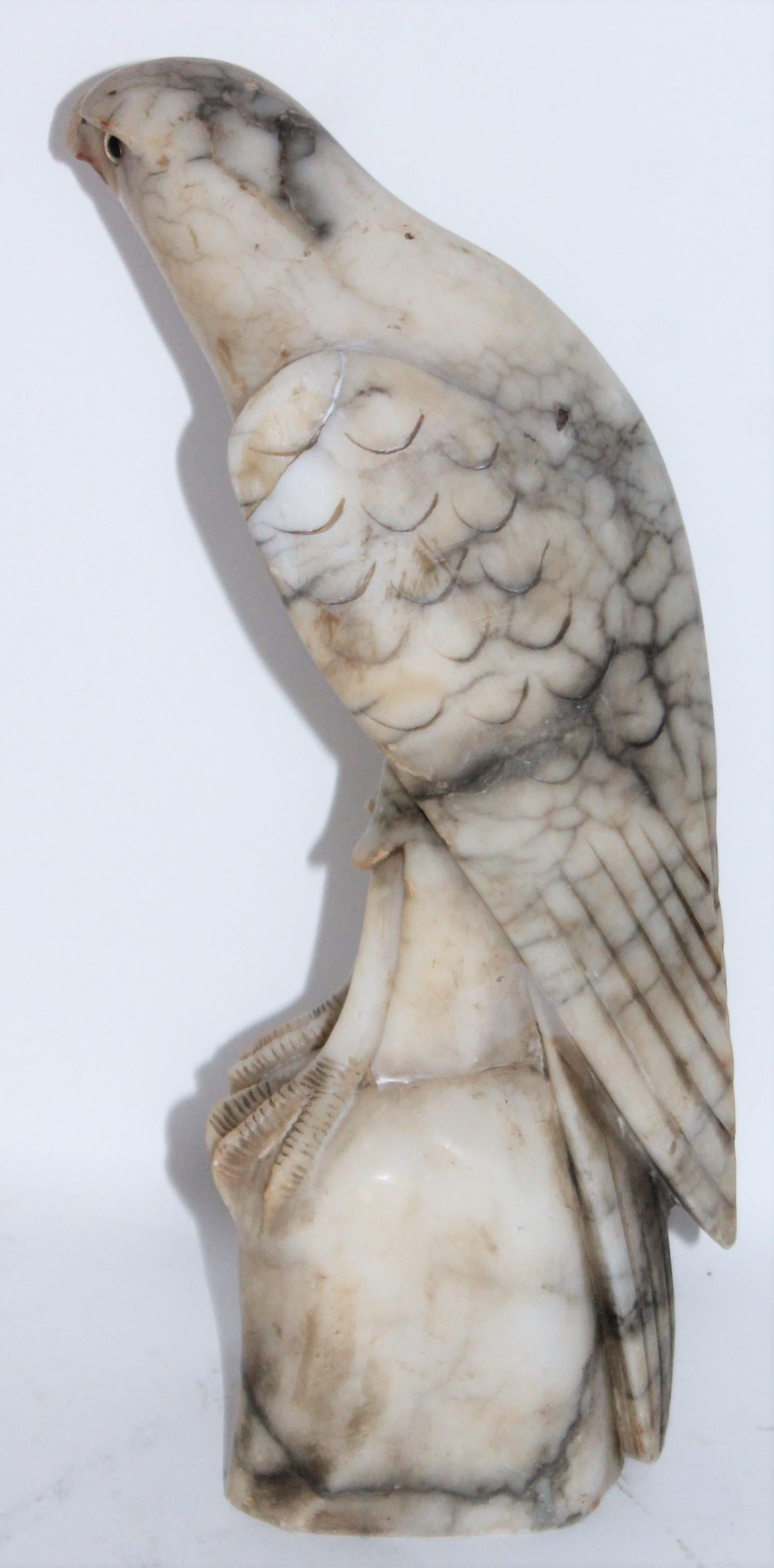 Mid-Century Modern 19th Century Hand Carved Alabaster Hawk with Glass Eyes For Sale