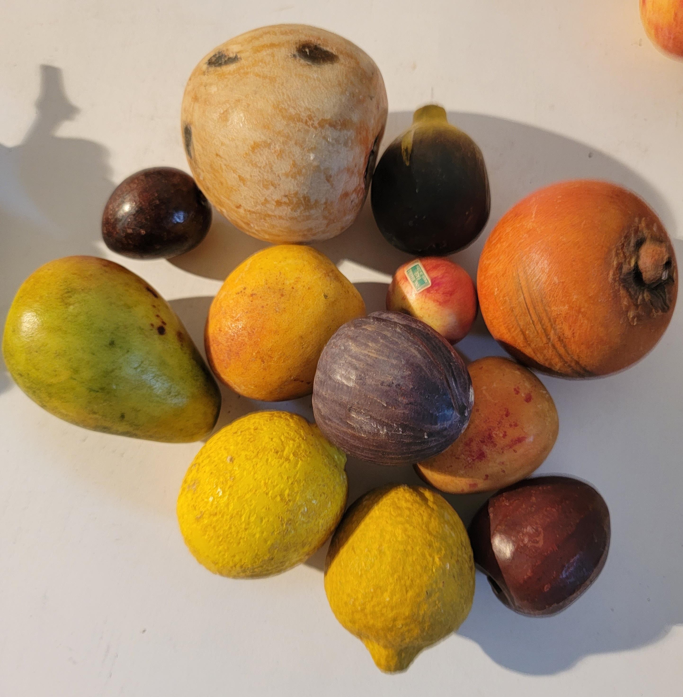 19th C Hand Carved Dough Bowl W/46 Pieces of Stone Fruit 4