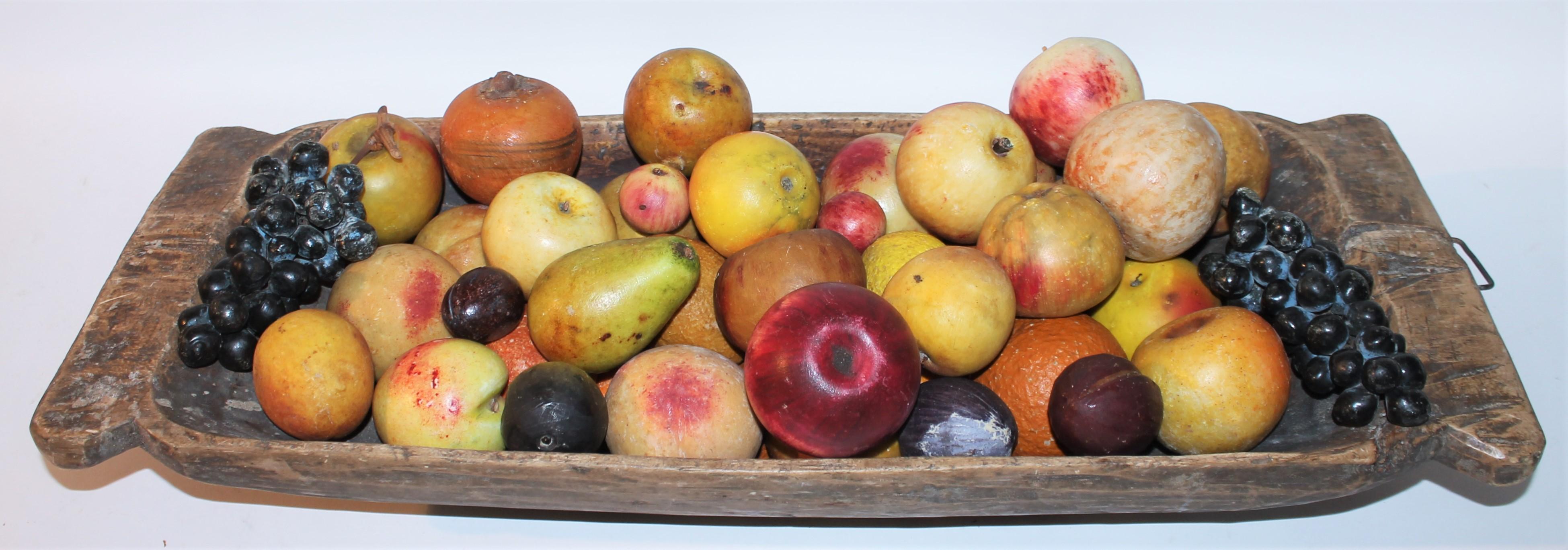 German 19th C Hand Carved Dough Bowl W/46 Pieces of Stone Fruit