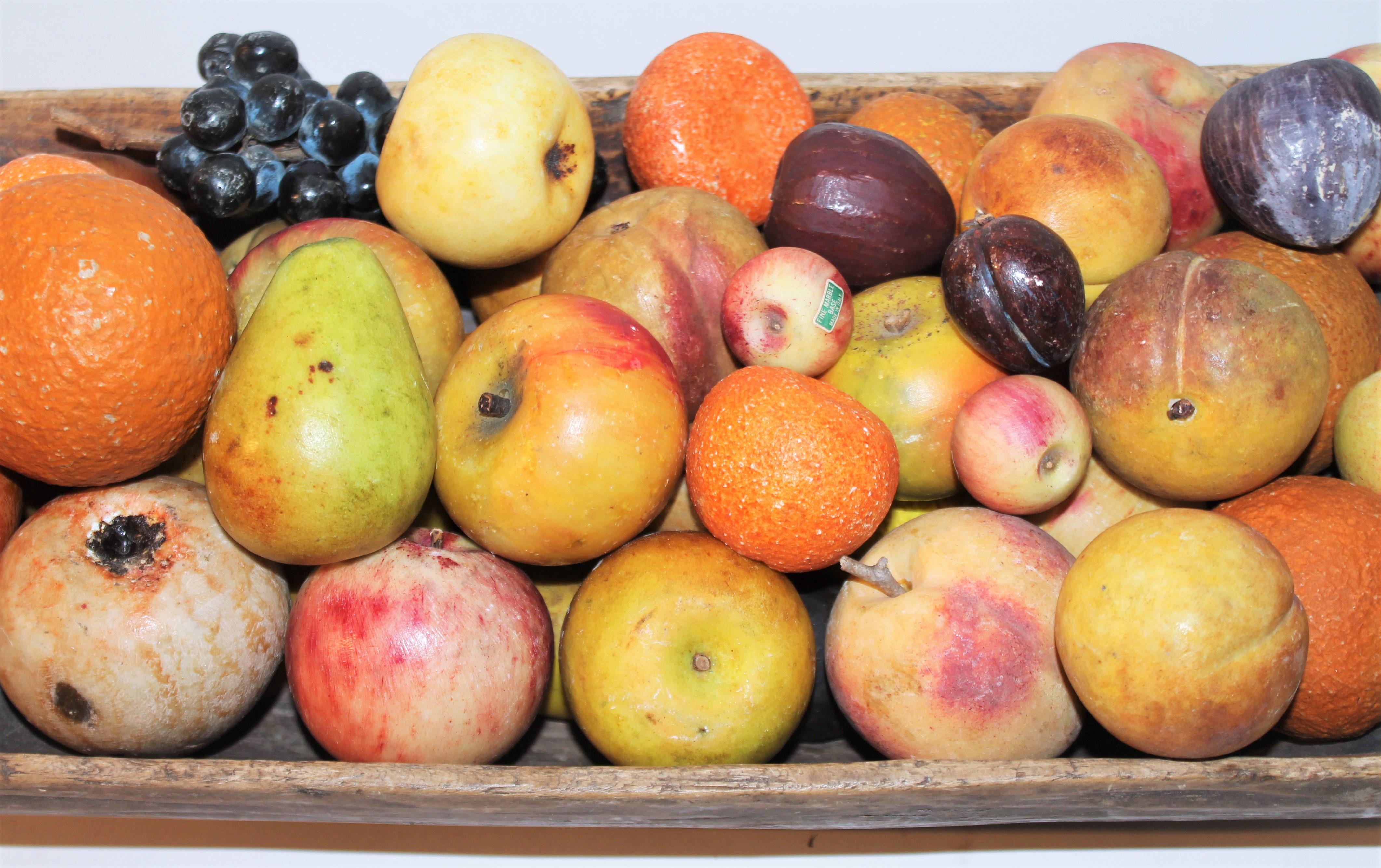 Hand-Crafted 19th C Hand Carved Dough Bowl W/46 Pieces of Stone Fruit