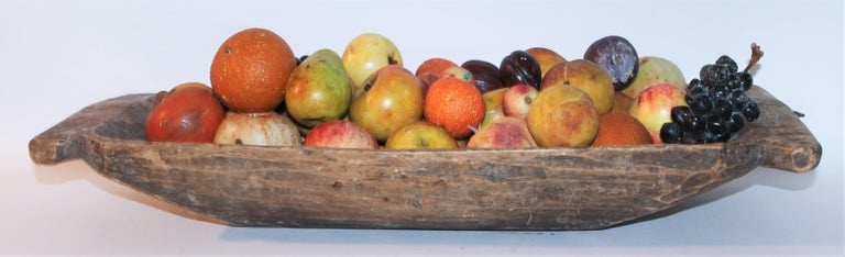 19th Century 19th C Hand Carved Dough Bowl W/46 Pieces of Stone Fruit For Sale