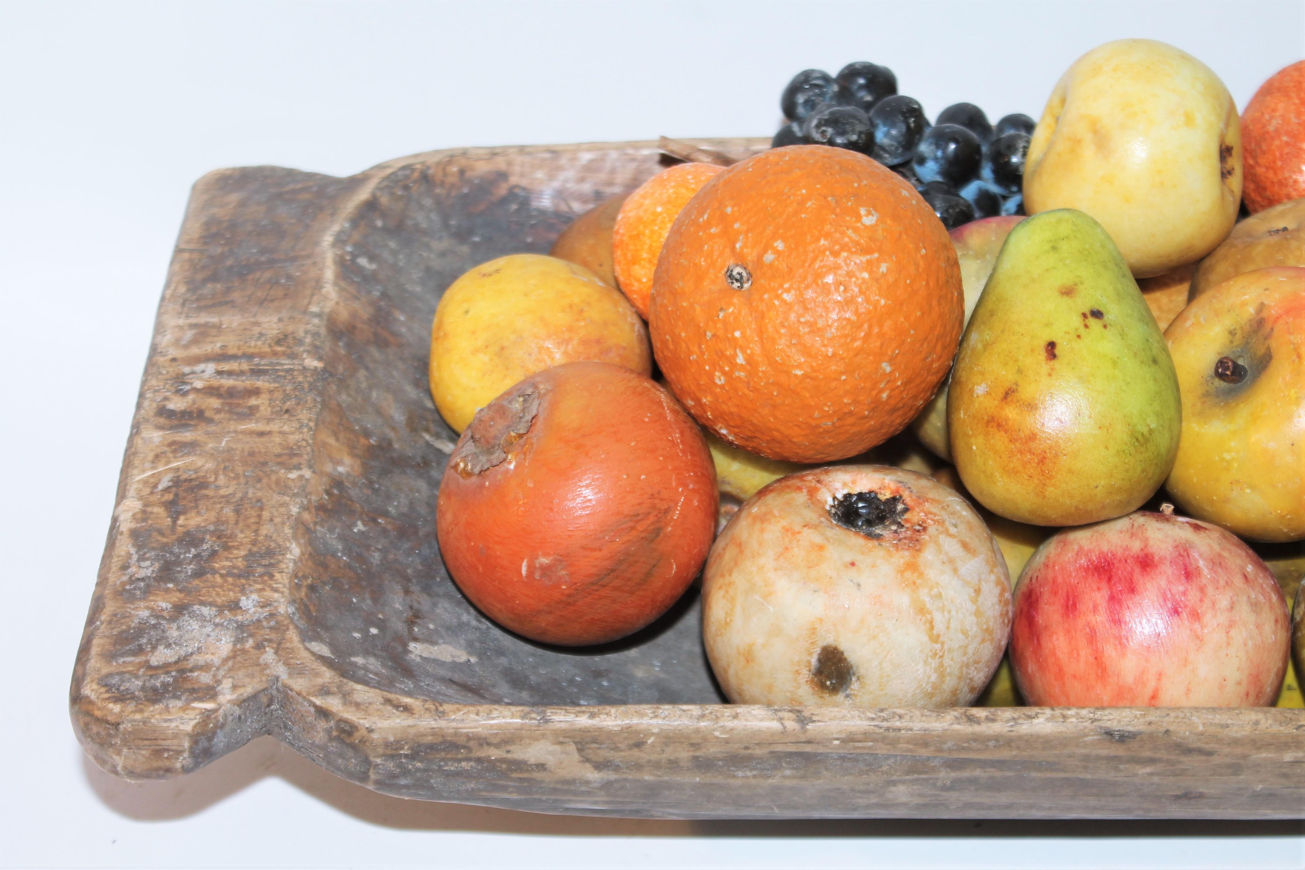 Wood 19th C Hand Carved Dough Bowl W/46 Pieces of Stone Fruit