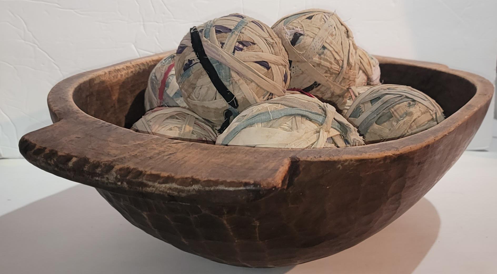 American 19th Century Hand Carved Dough Bowl with Rag Balls For Sale