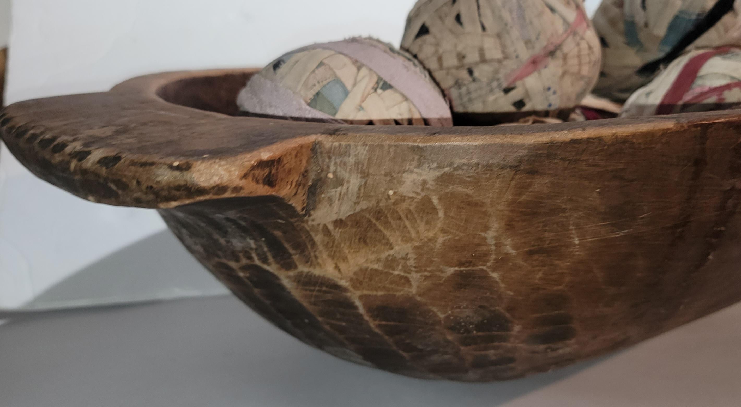 19th Century Hand Carved Dough Bowl with Rag Balls In Good Condition For Sale In Los Angeles, CA