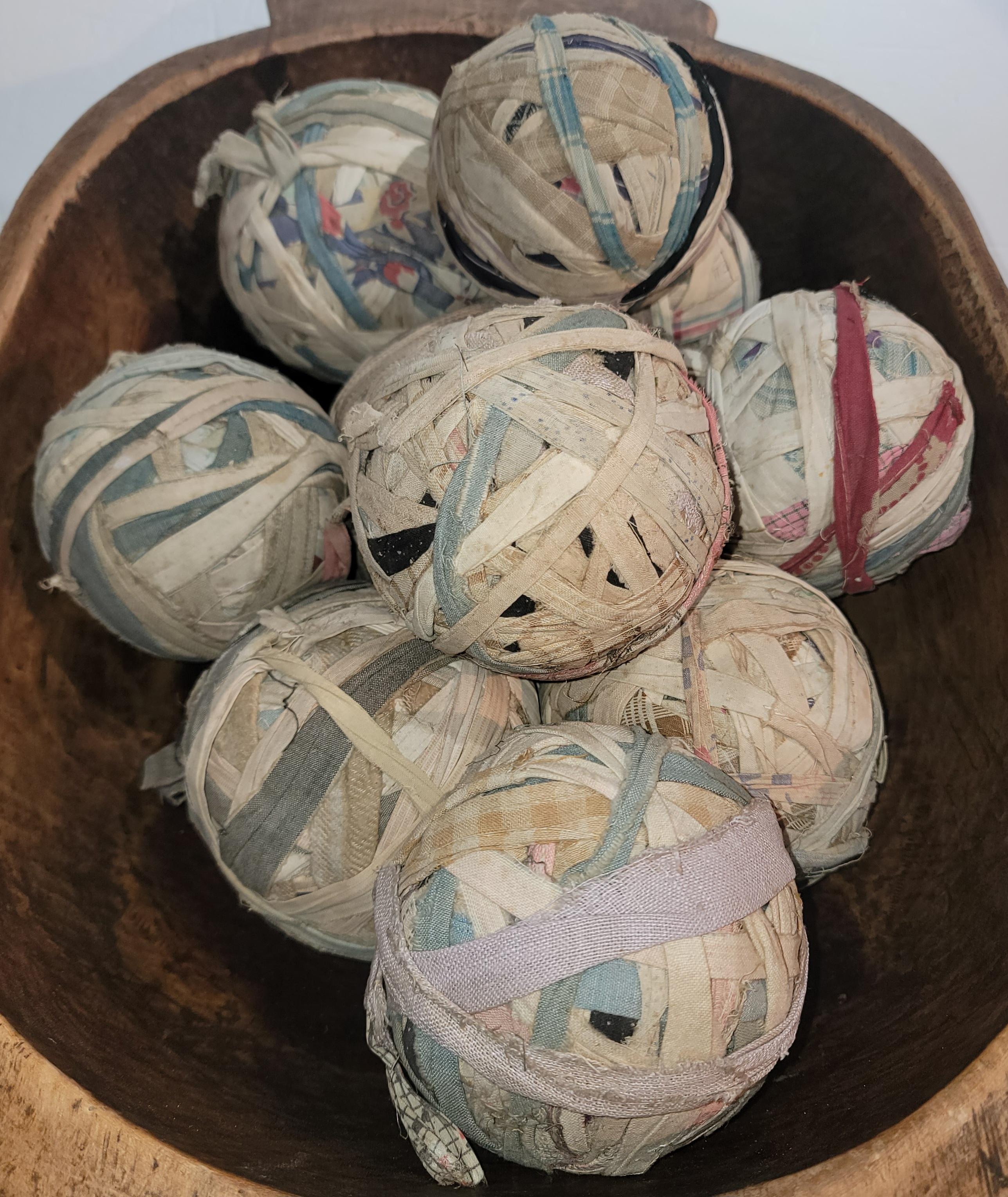 Fabric 19th Century Hand Carved Dough Bowl with Rag Balls For Sale