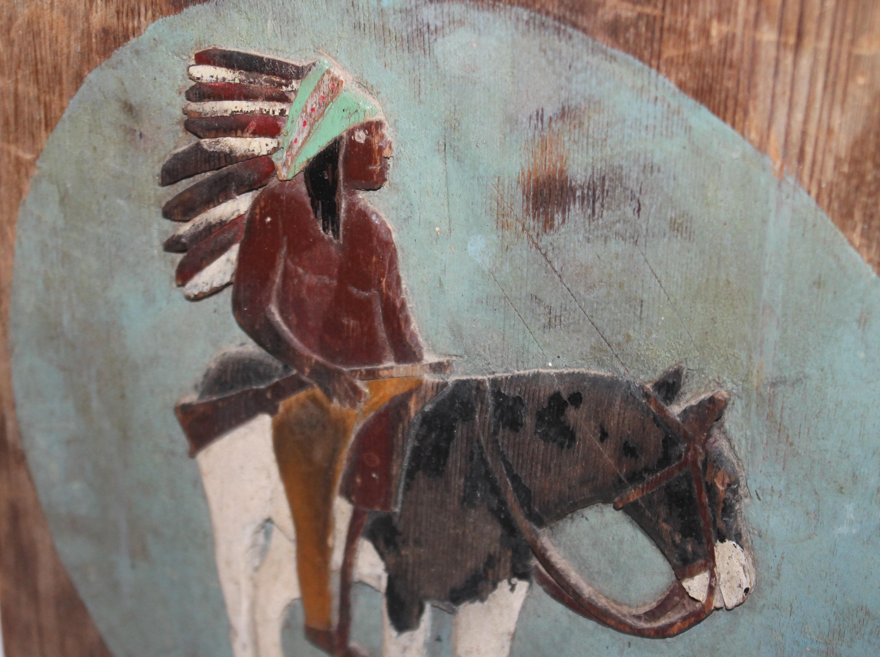 Adirondack 19th Century Hand Carved and Painted Indian and Rider Plaque For Sale