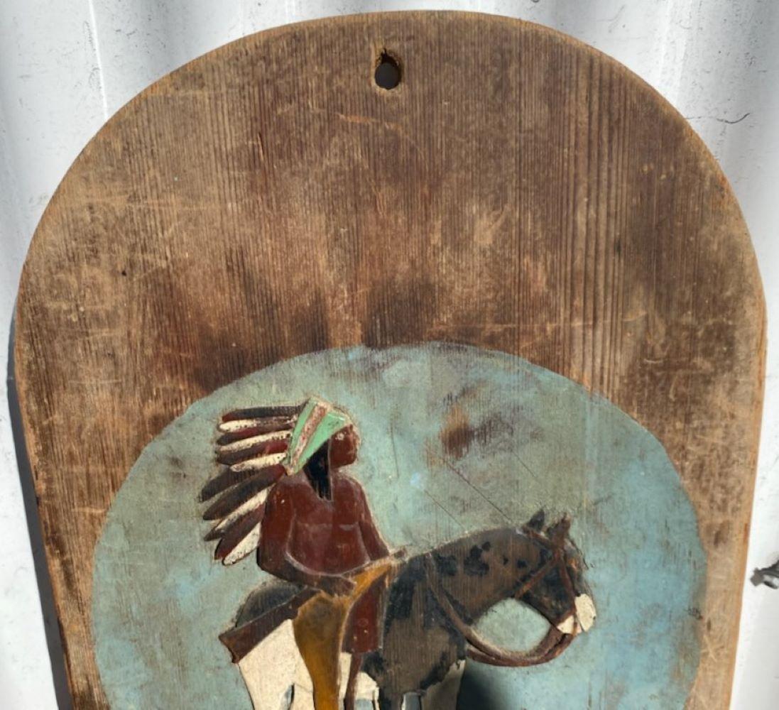 American 19th Century Hand Carved and Painted Indian and Rider Plaque For Sale