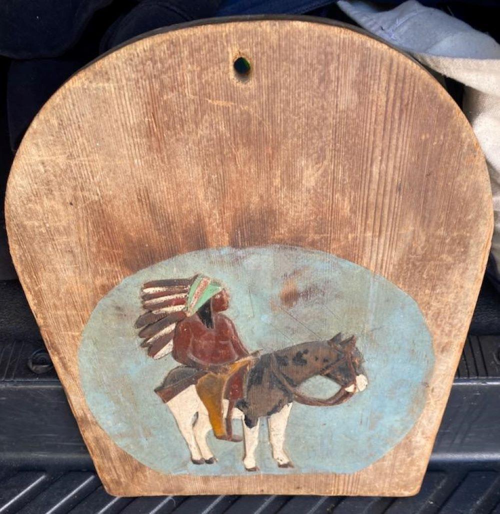 19th Century Hand Carved and Painted Indian and Rider Plaque In Good Condition For Sale In Los Angeles, CA