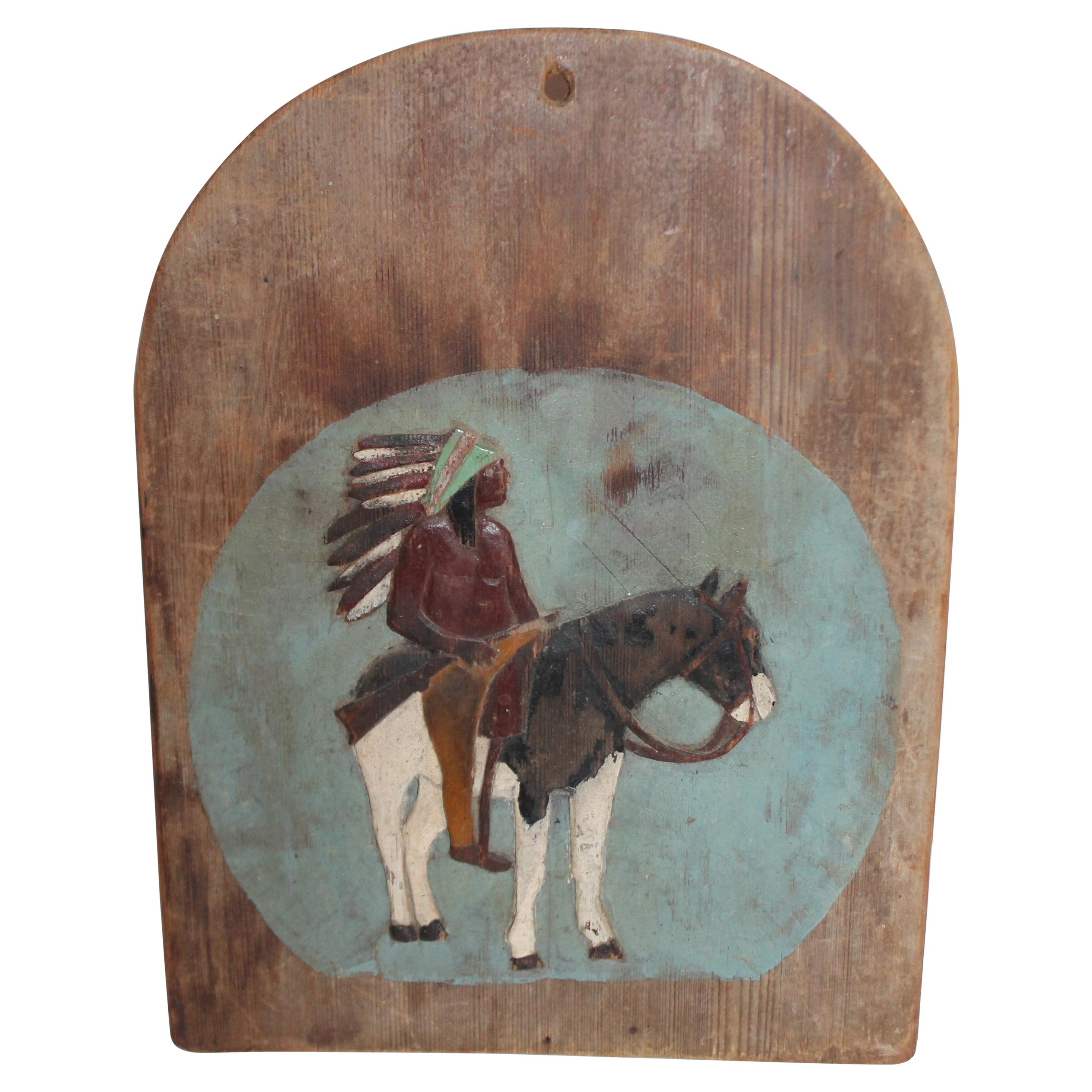 19th Century Hand Carved and Painted Indian and Rider Plaque For Sale