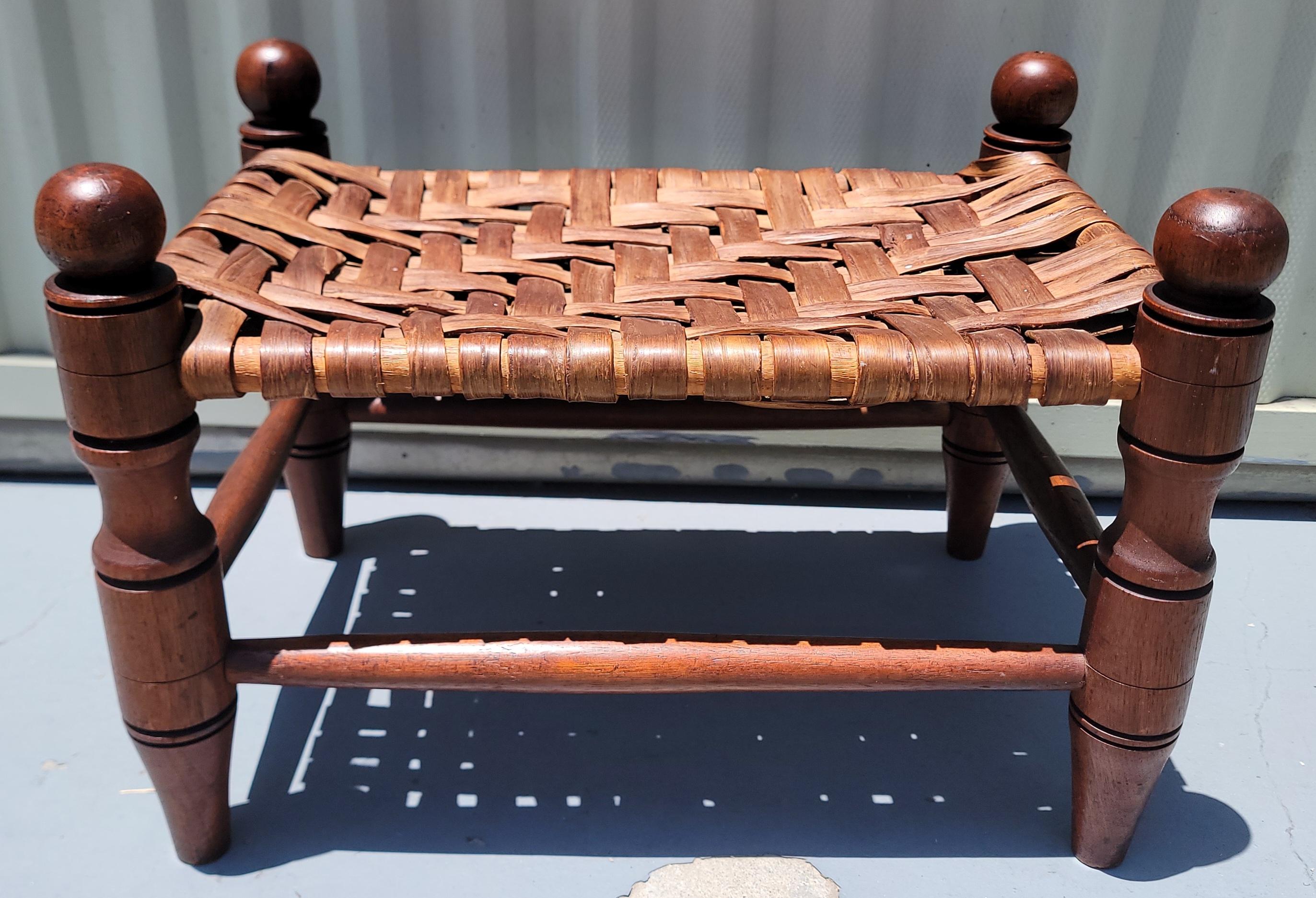 19Thc Hand carved foot stool with hand woven splint seat or top.The stool has an amazing patina and in very good condition.