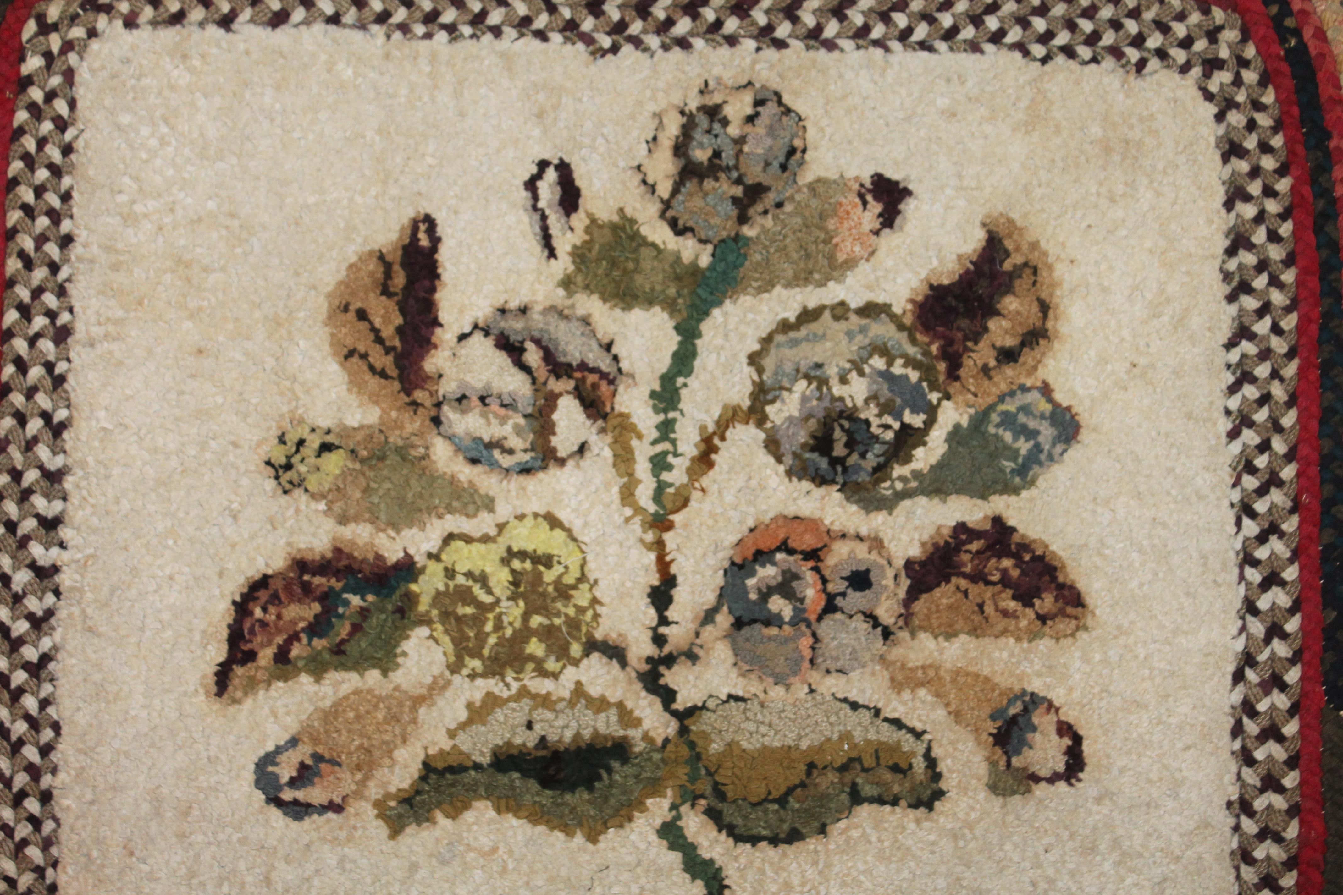 Country 19th Century Hand Hooked Folky Floral Rug Mounted with Braided Border For Sale