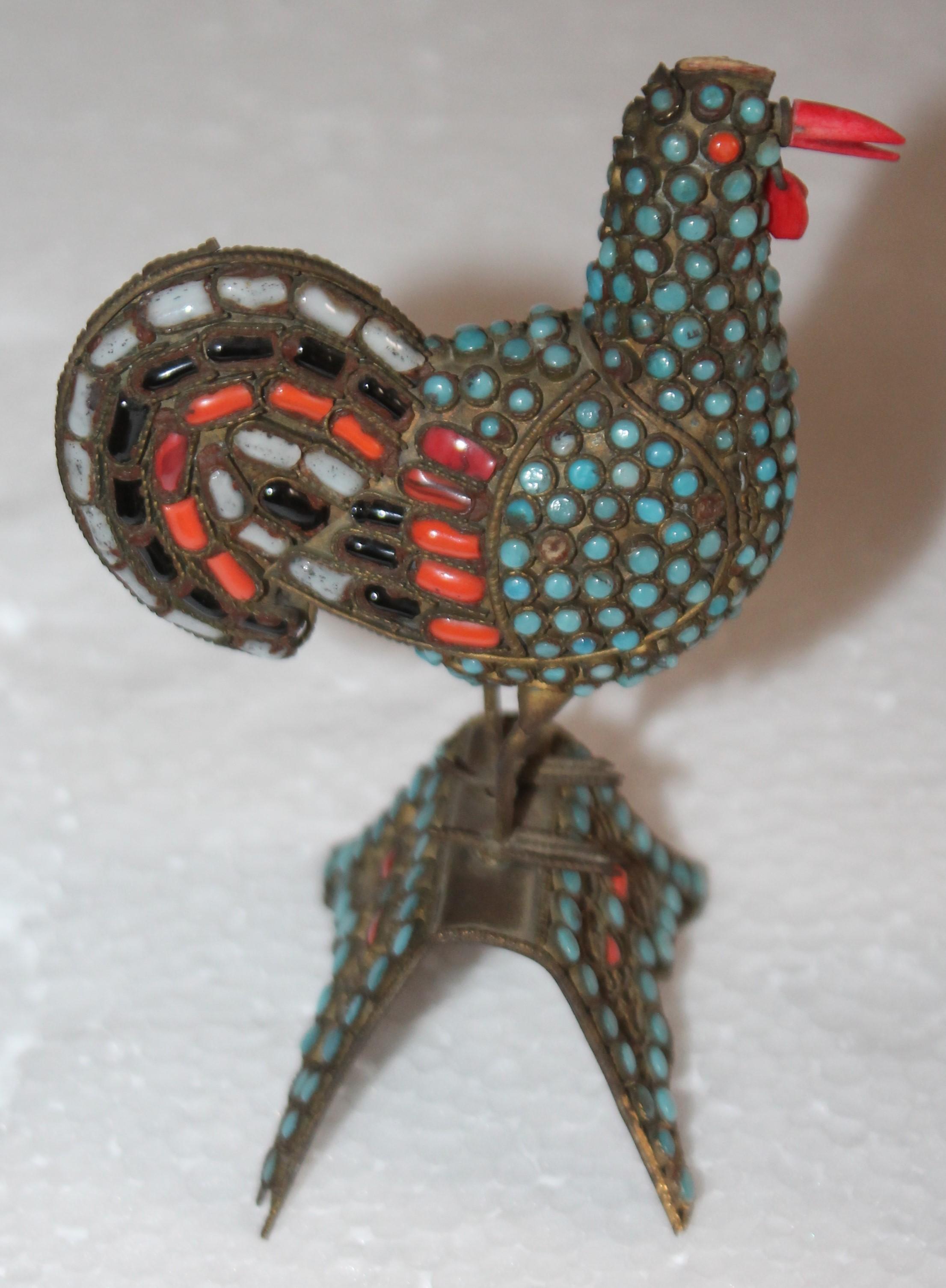 Adirondack 19th Century Handmade Bird with Inlaid Turquoise and Coral Stones For Sale