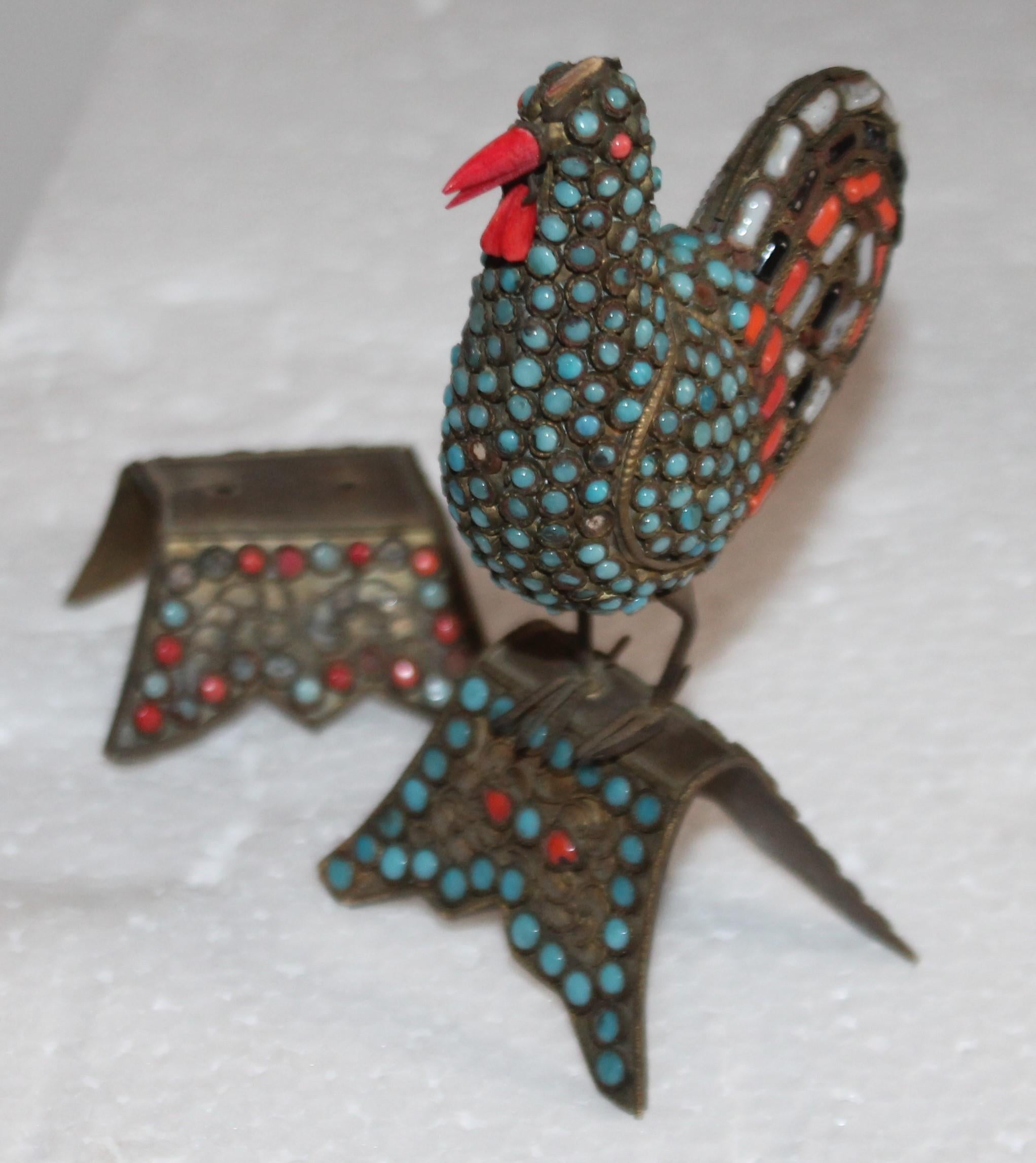 American 19th Century Handmade Bird with Inlaid Turquoise and Coral Stones For Sale