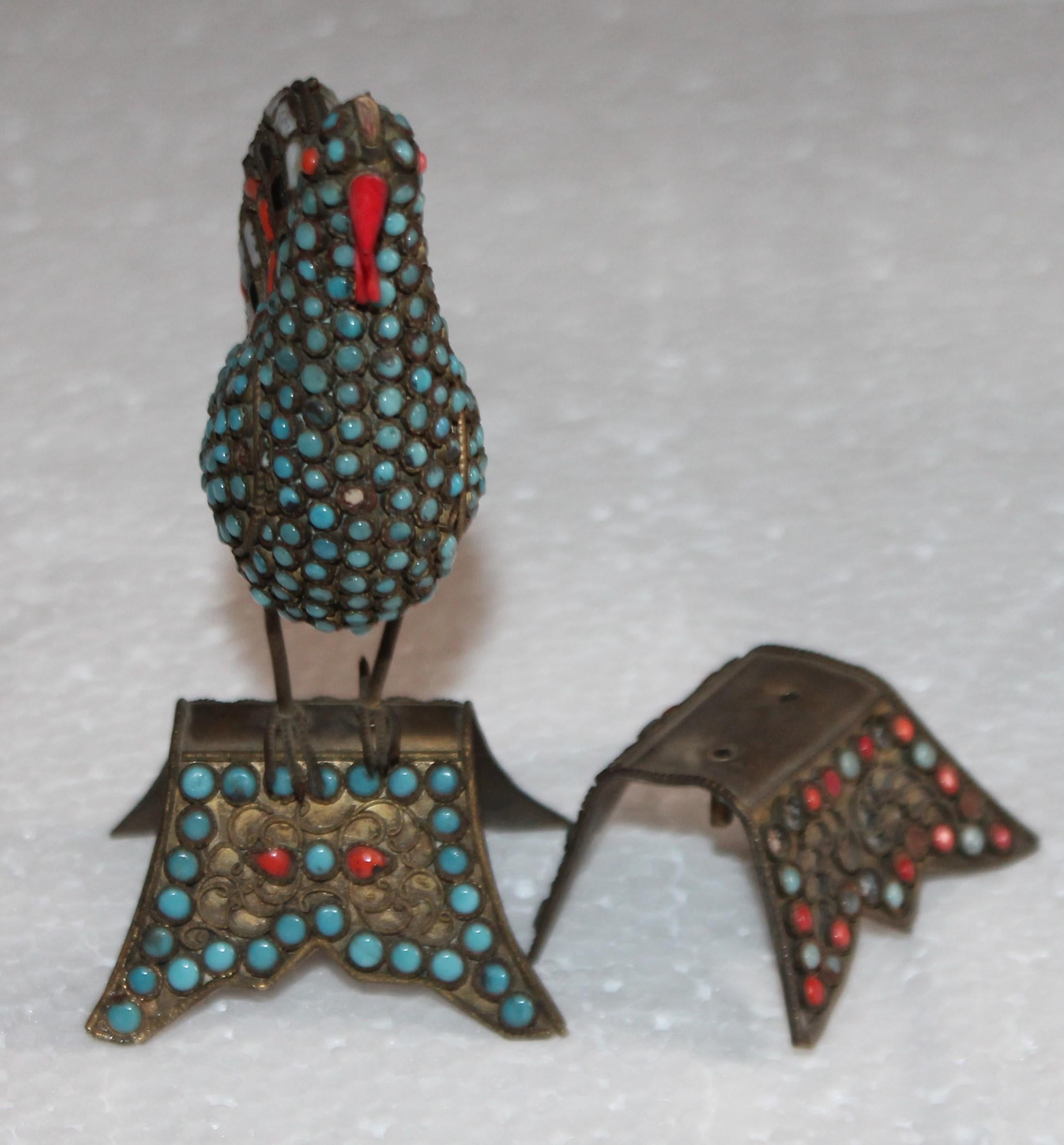 Hand-Crafted 19th Century Handmade Bird with Inlaid Turquoise and Coral Stones For Sale